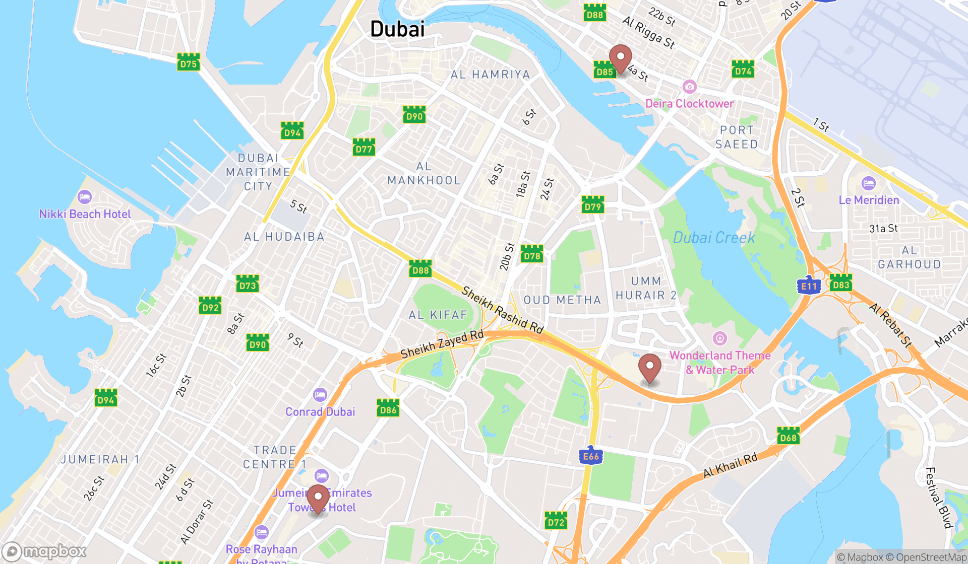 Map showing the search results in Dubai