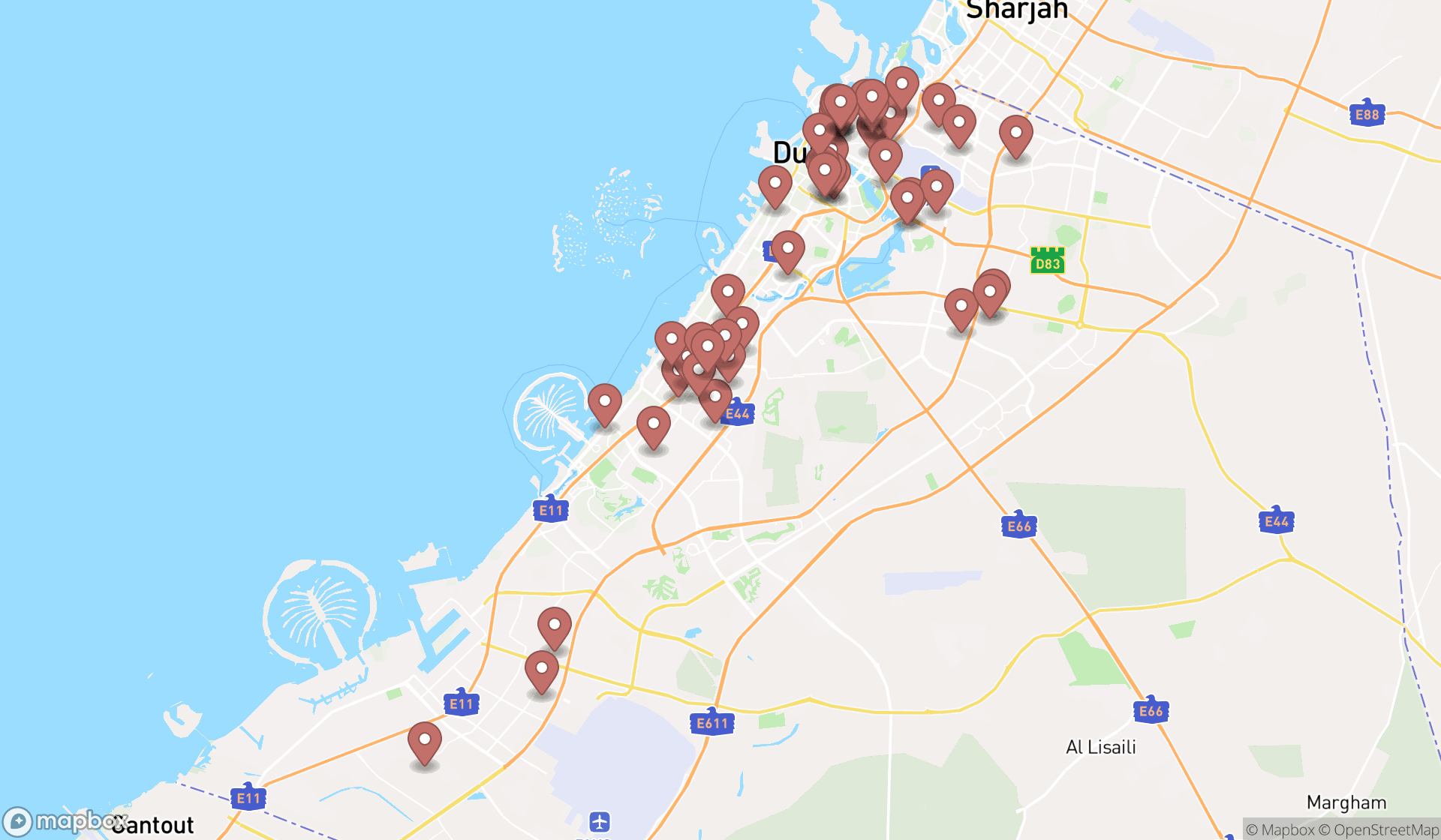 Map showing the search results in Dubai