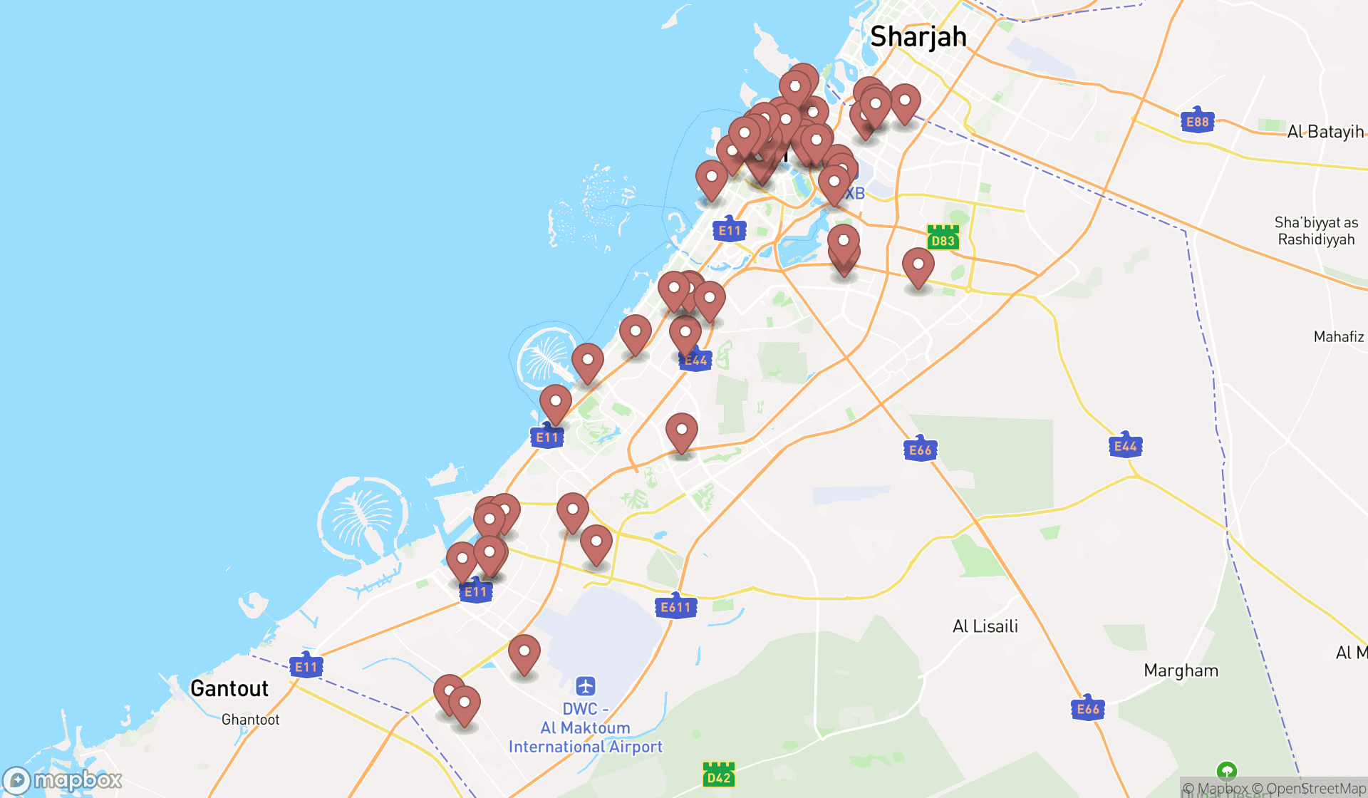 Map showing the search results in Dubai