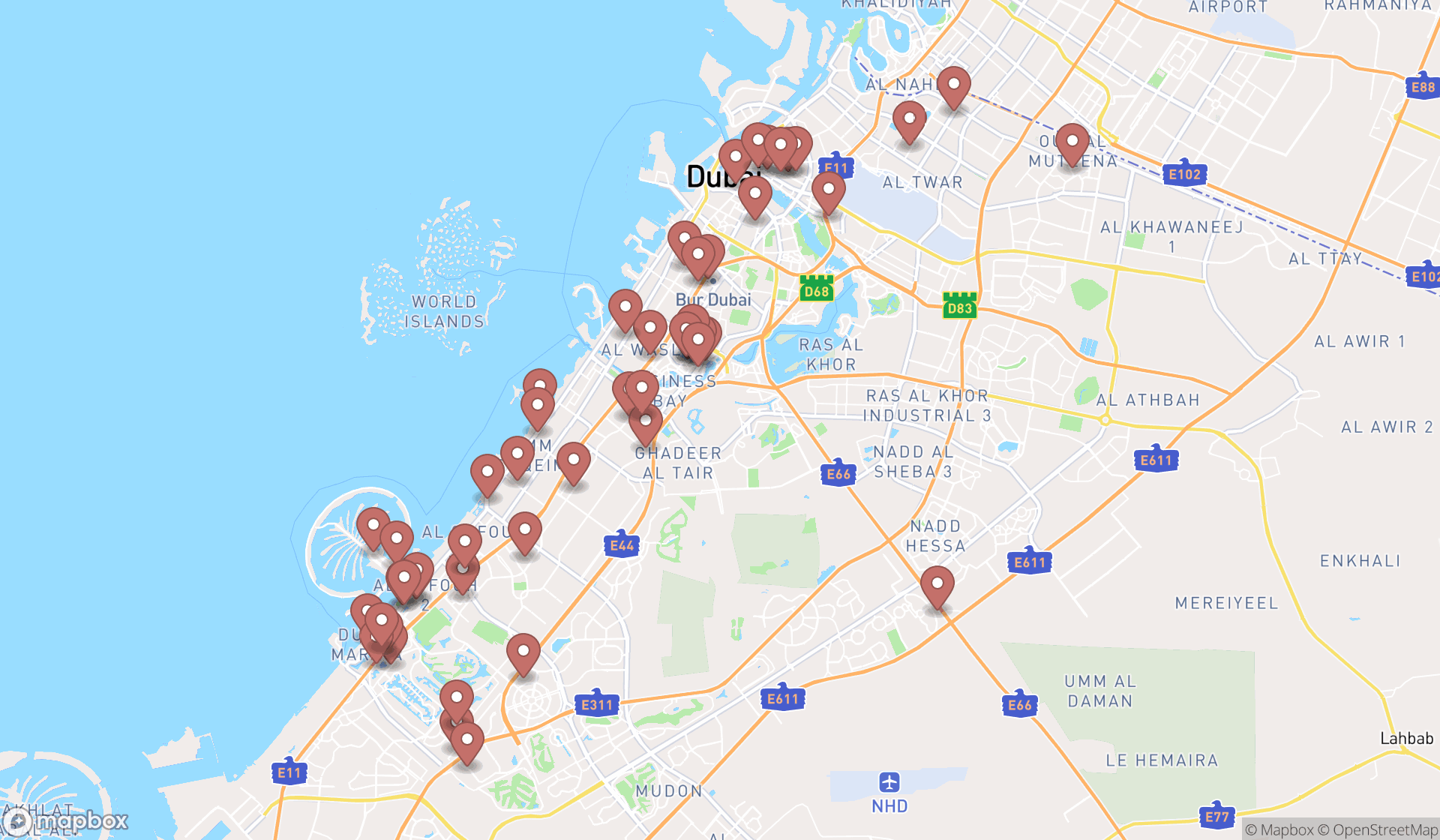 Map showing the search results in Dubai