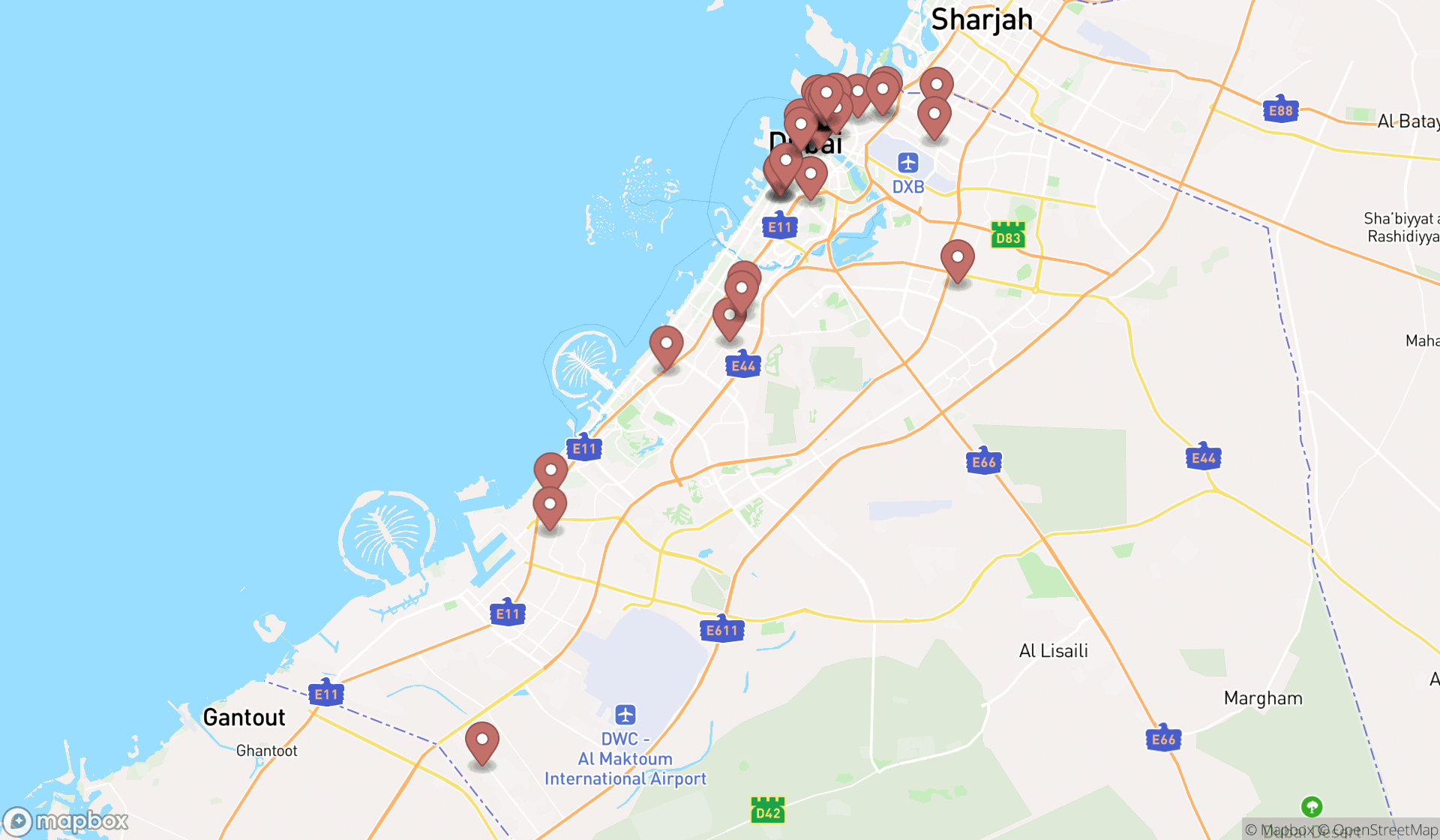 Map showing the search results in Dubai