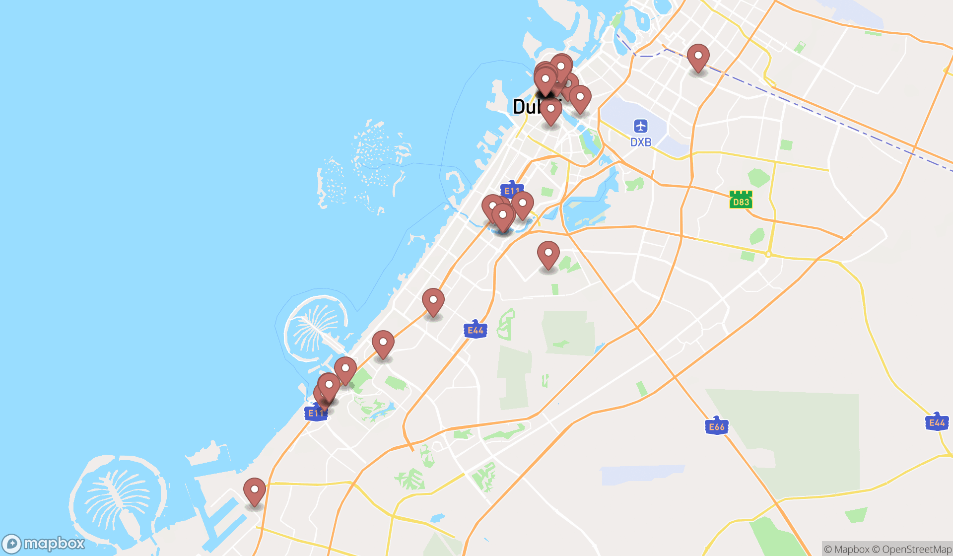 Map showing the search results in Dubai