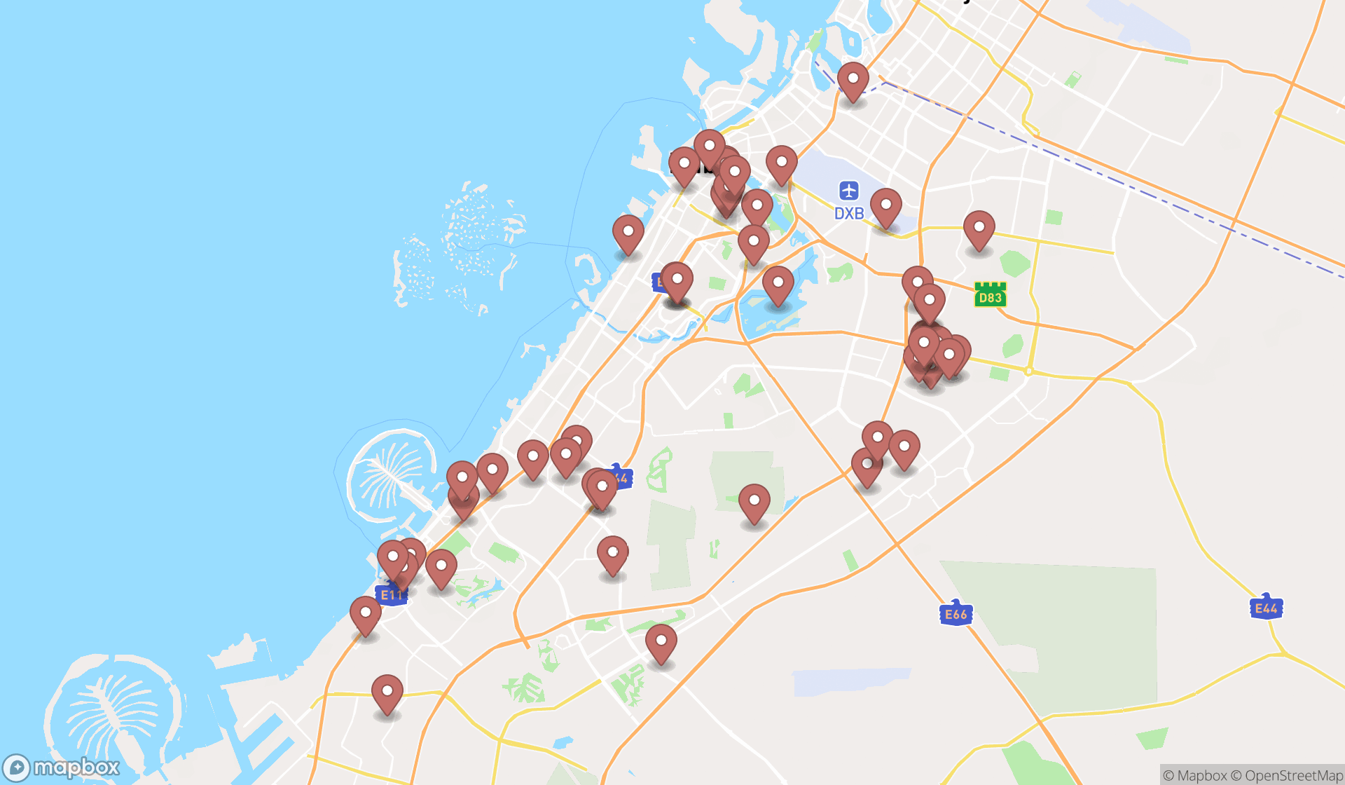 Map showing the search results in Dubai