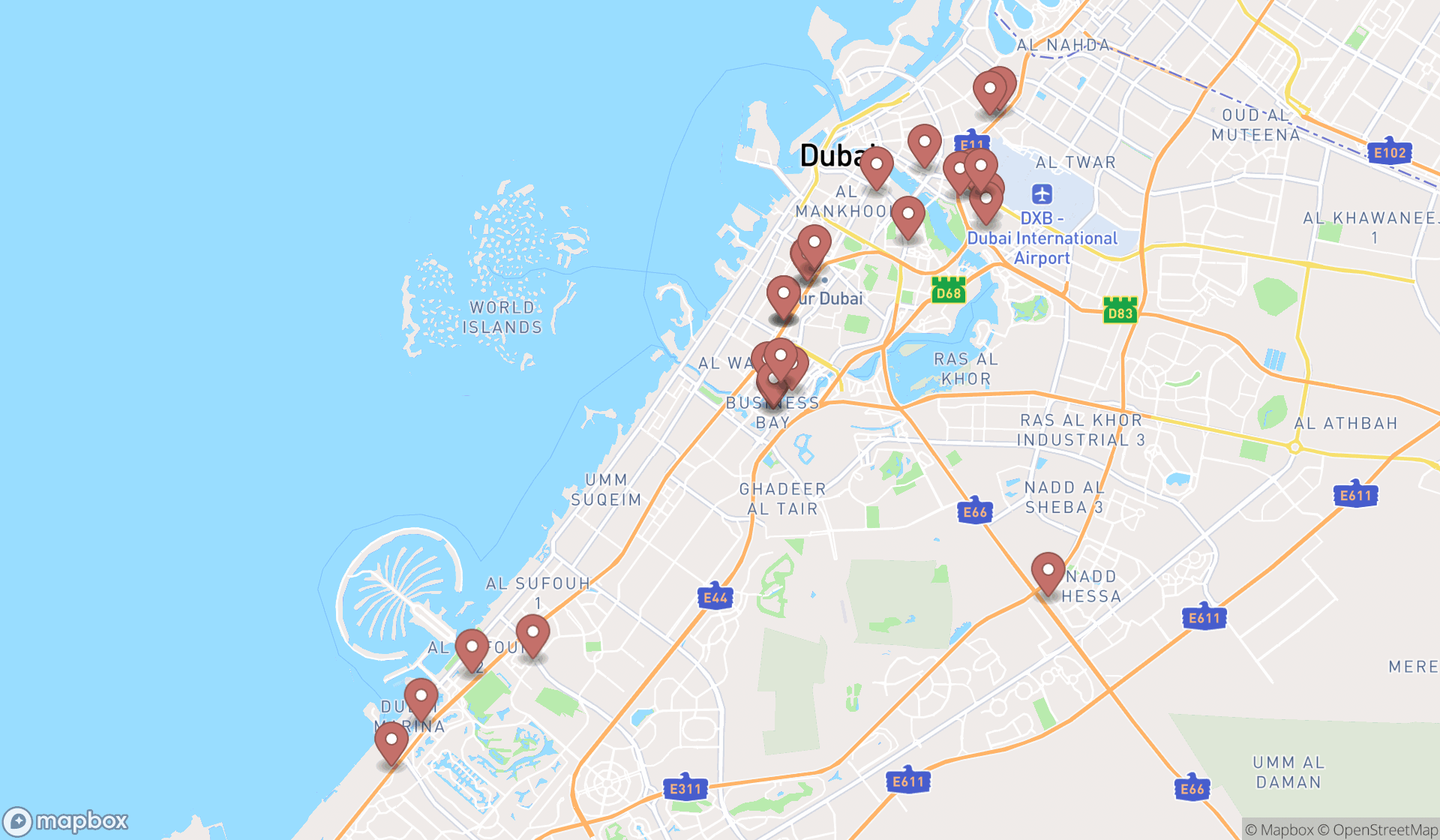 Map showing the search results in Dubai