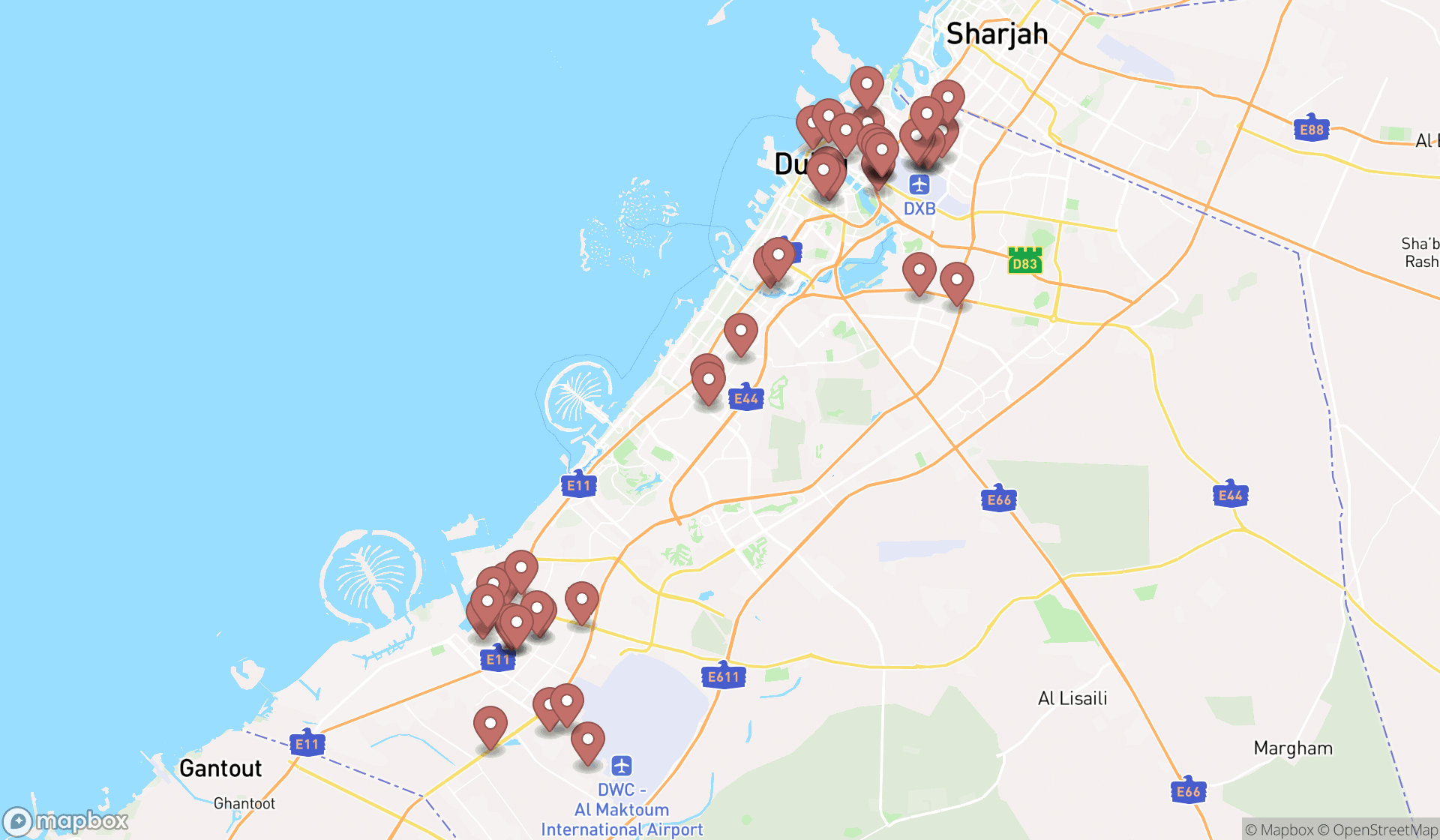 Map showing the search results in Dubai