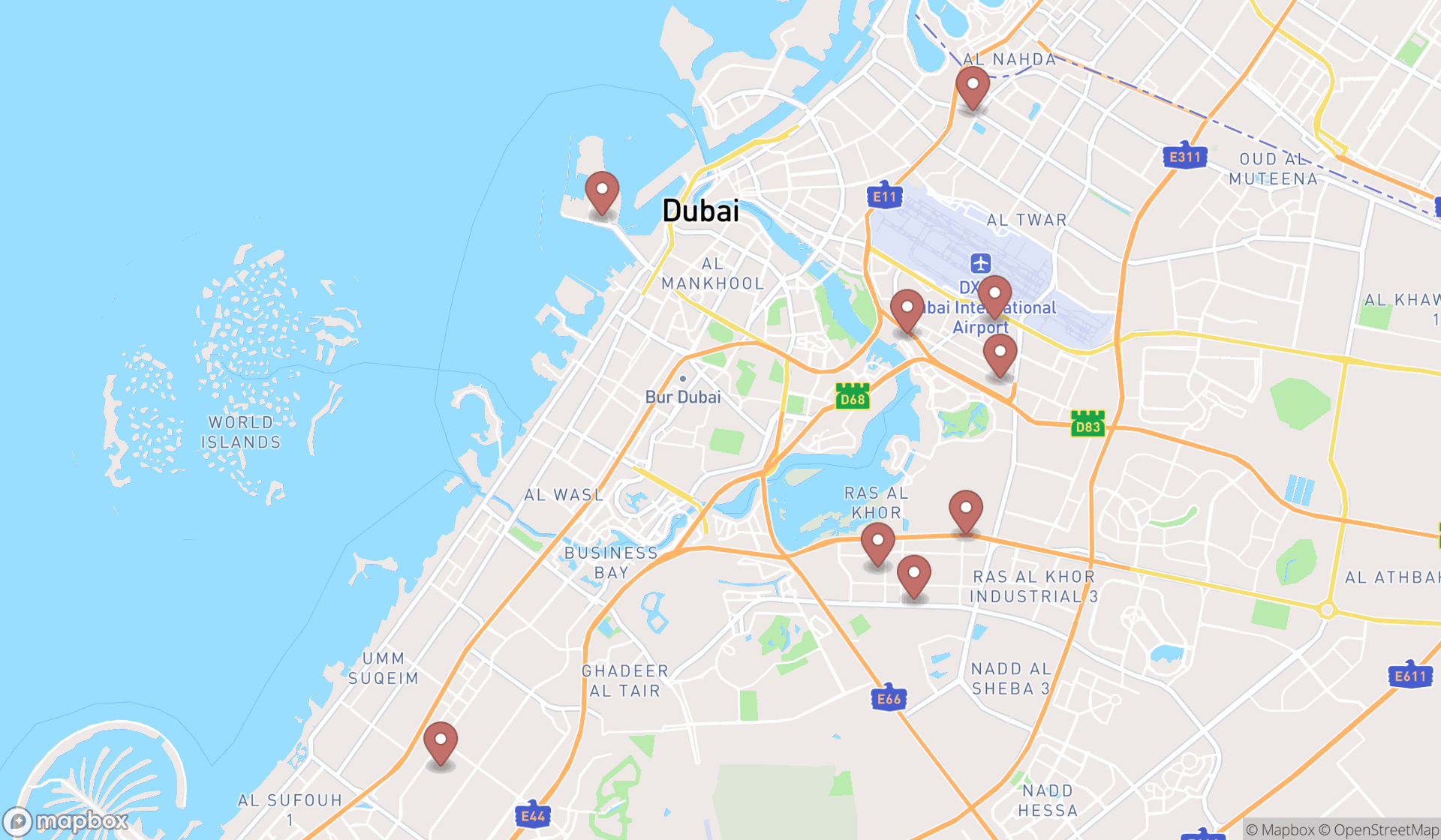 Map showing the search results in Dubai