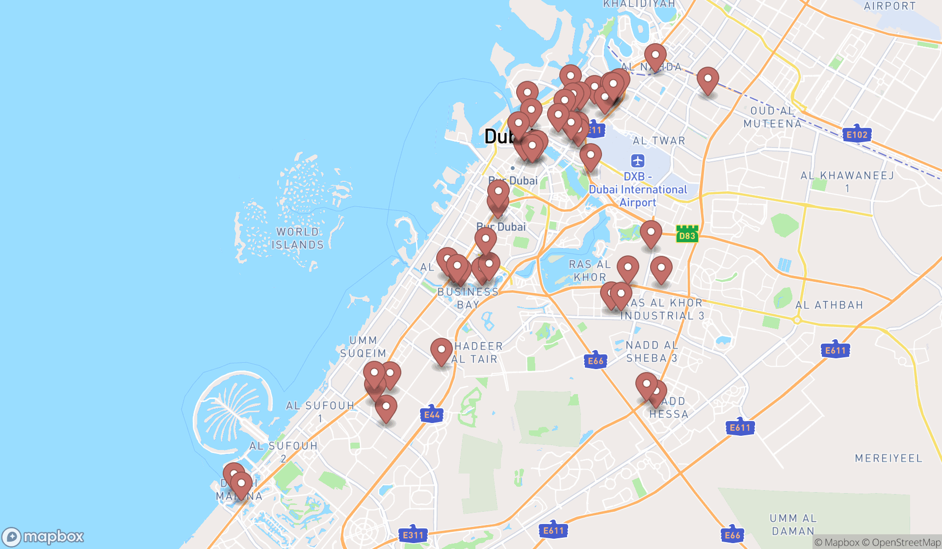 Map showing the search results in Dubai