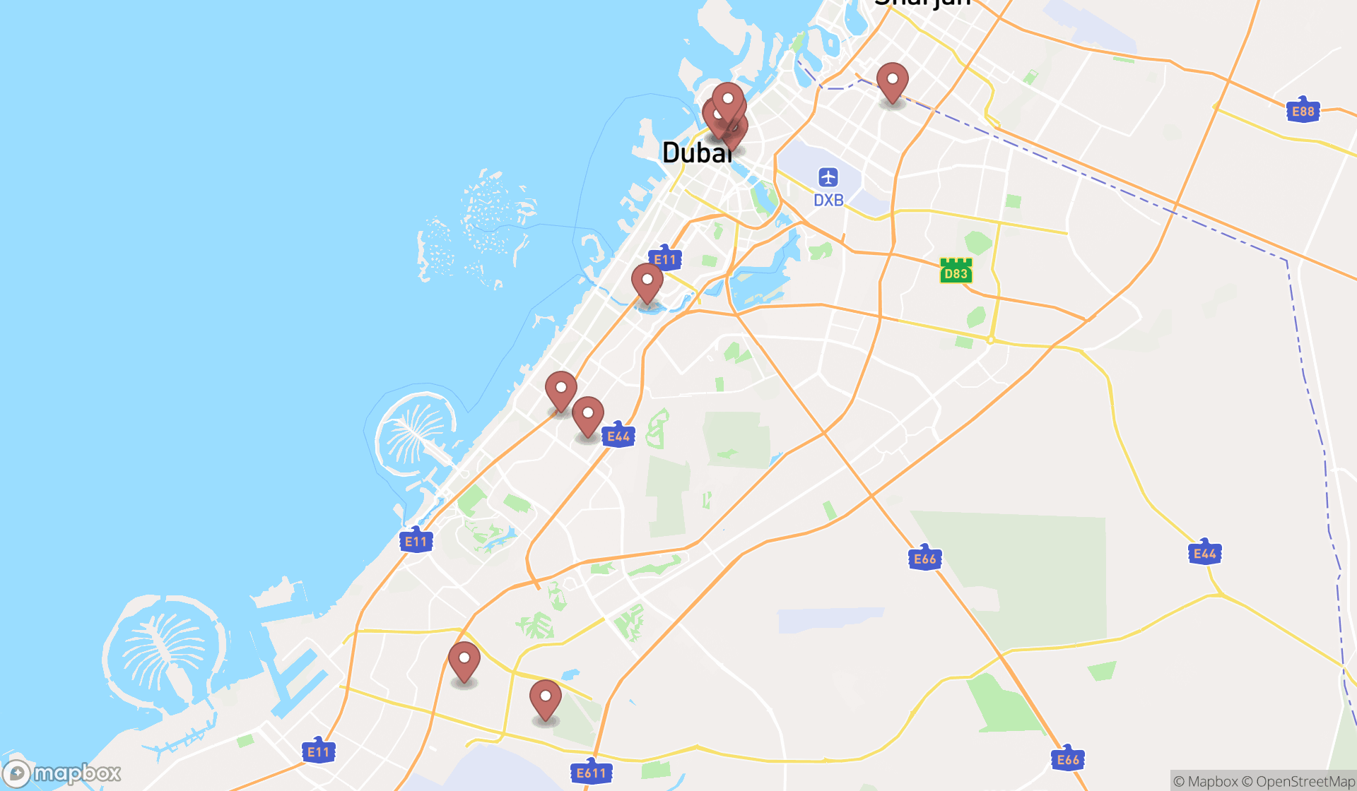 Map showing the search results in Dubai