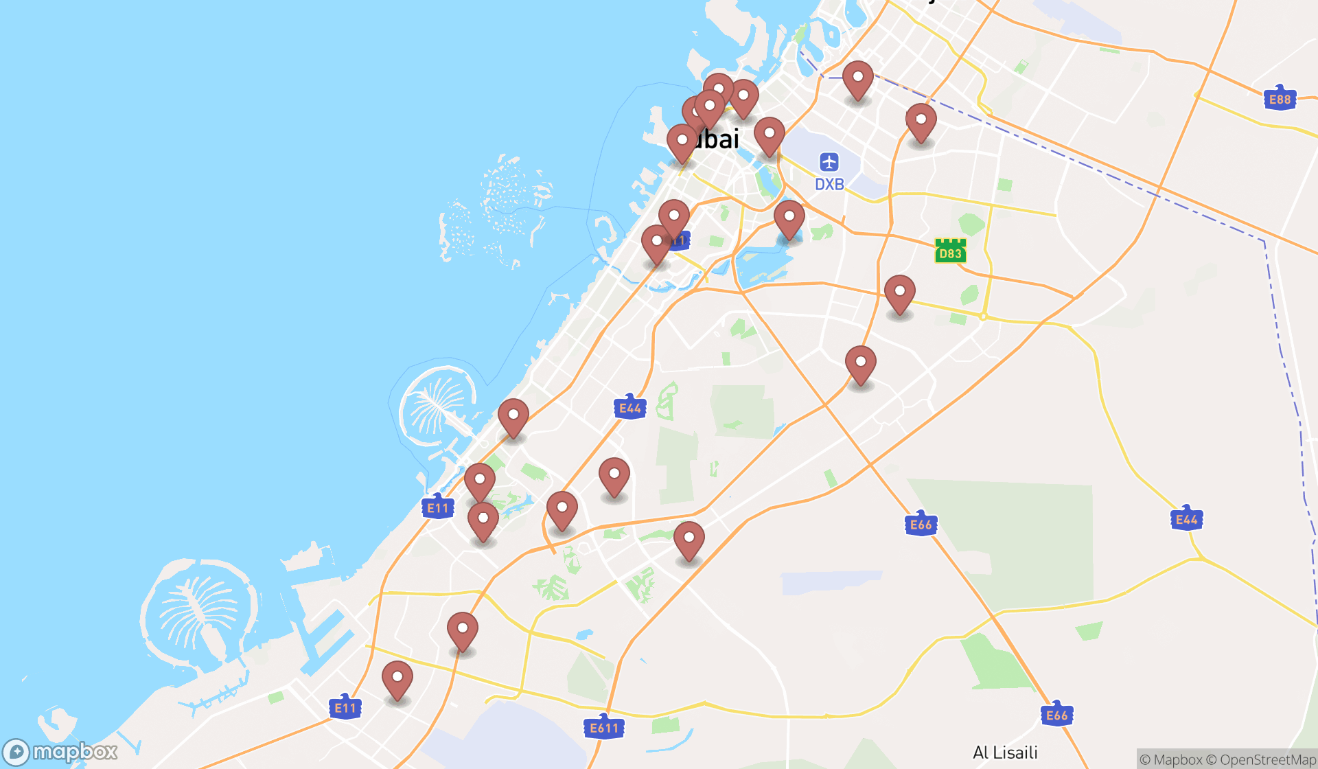 Map showing the search results in Dubai