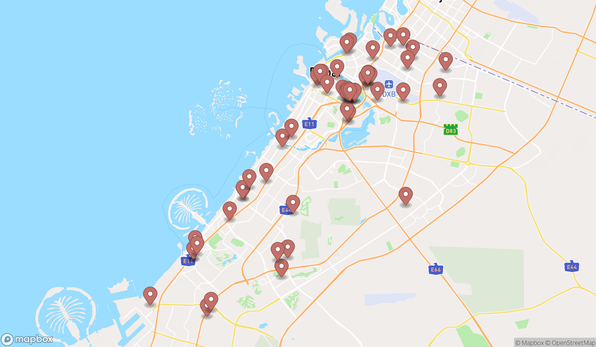 Map showing the search results in Dubai