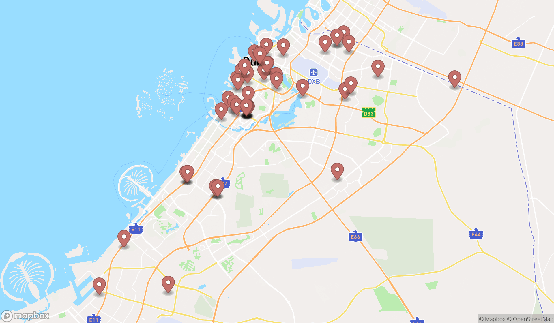 Map showing the search results in Dubai
