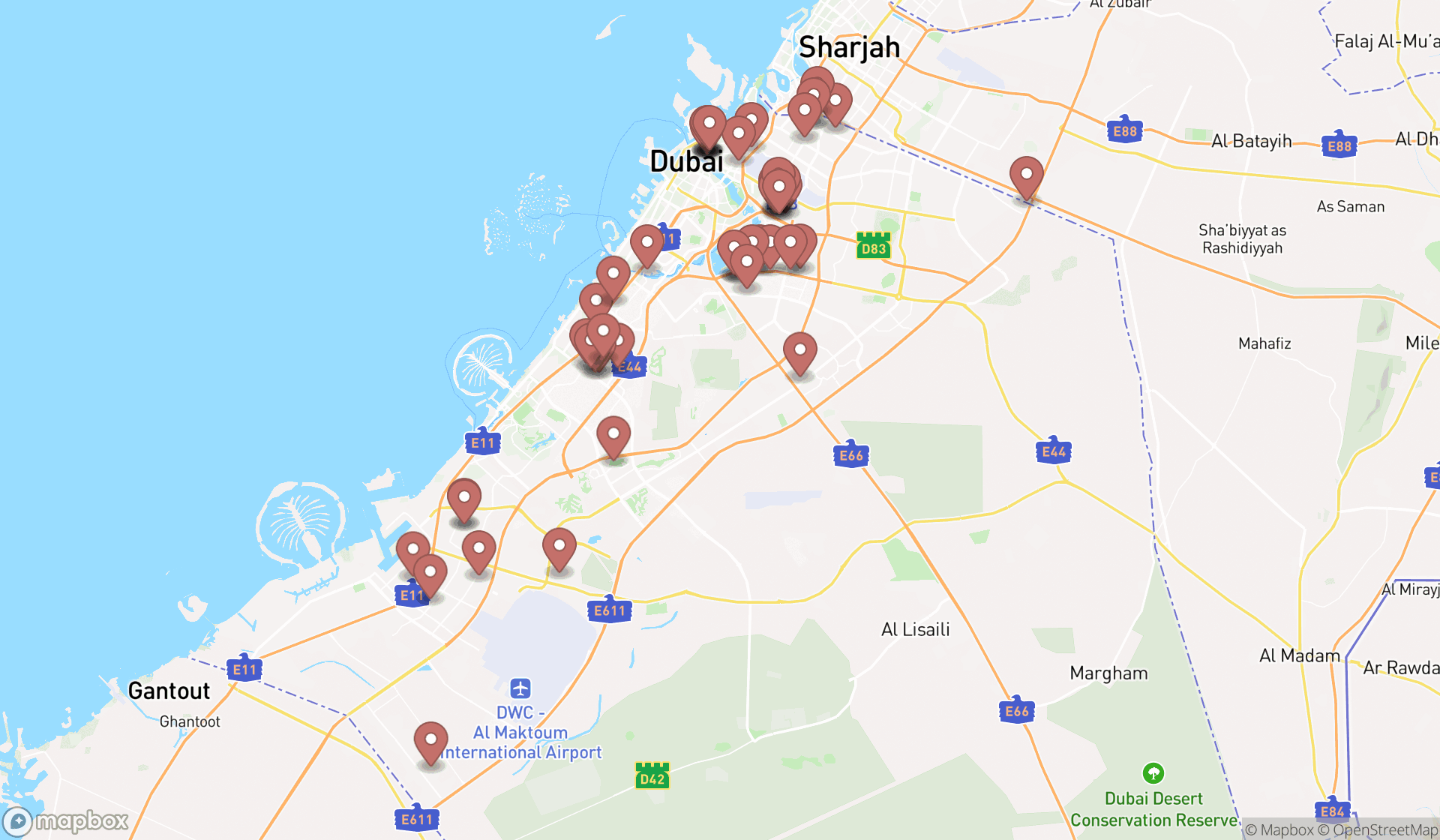 Map showing the search results in Dubai