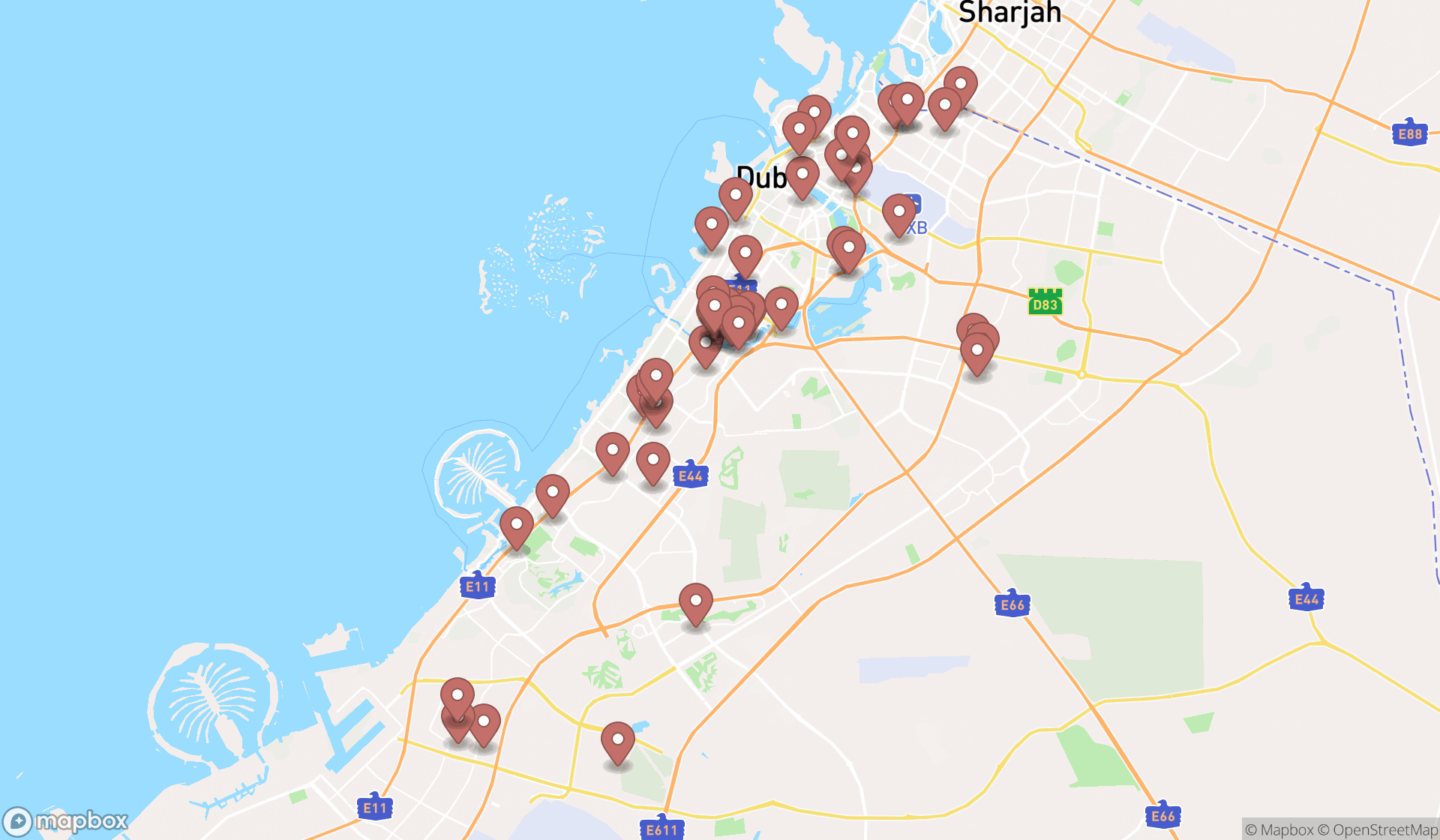 Map showing the search results in Dubai