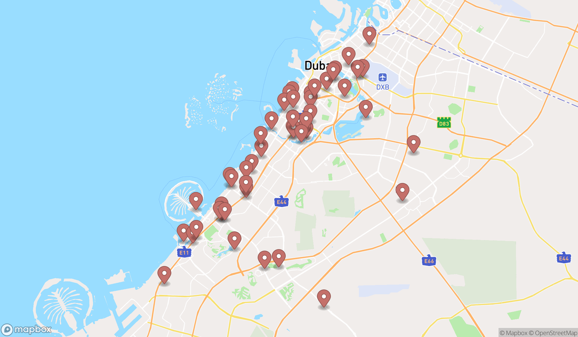 Map showing the search results in Dubai