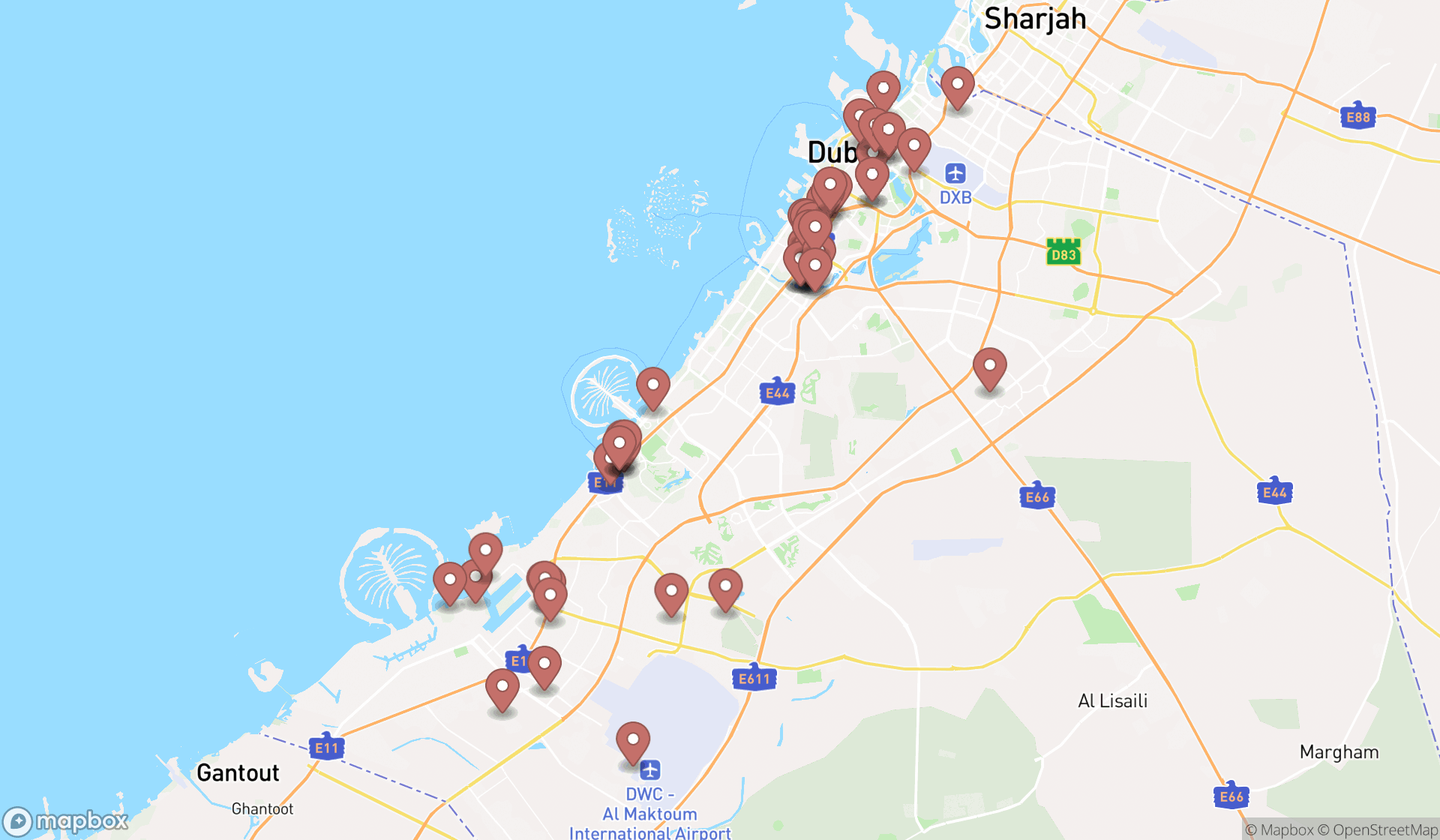 Map showing the search results in Dubai