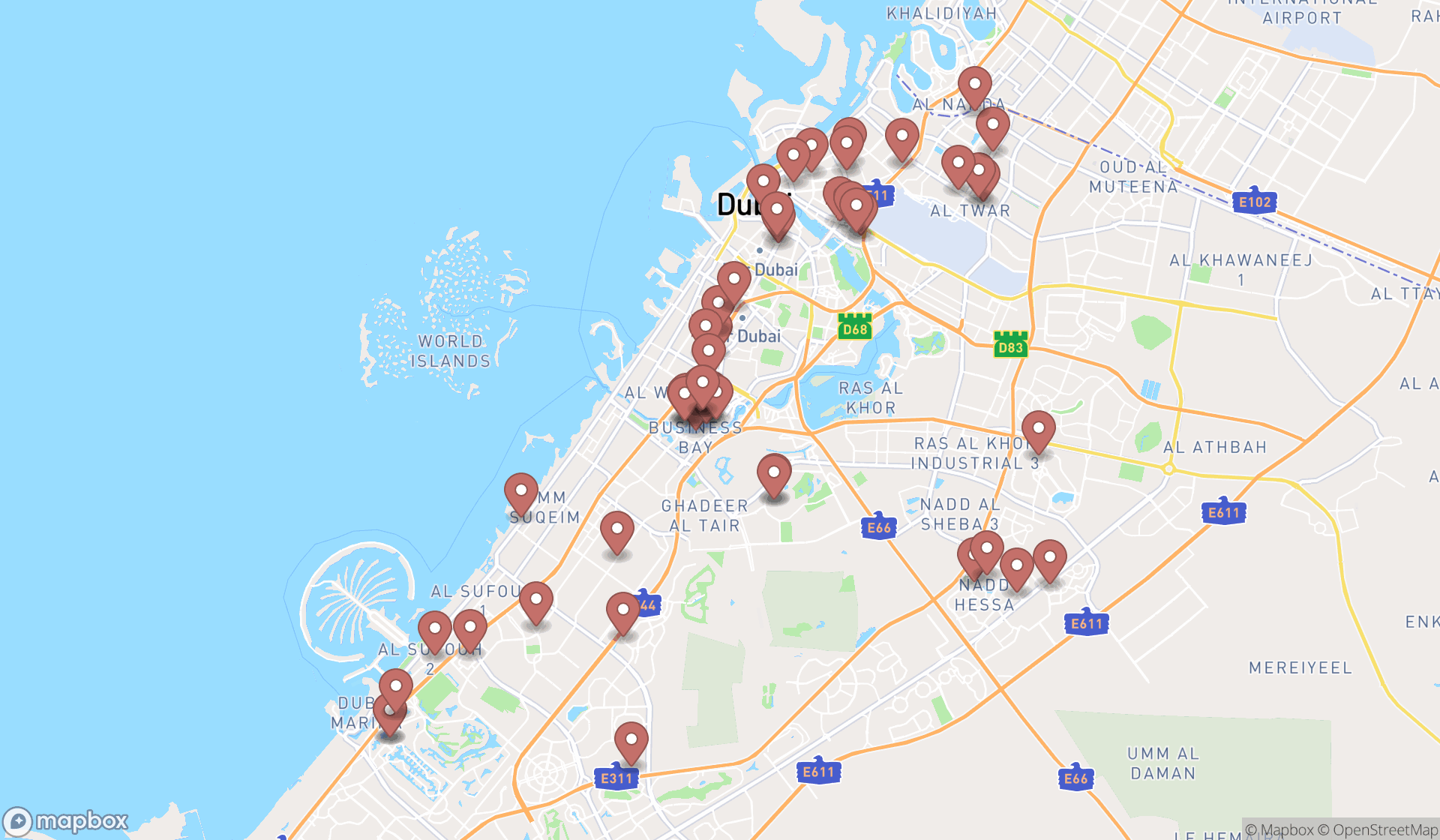 Map showing the search results in Dubai