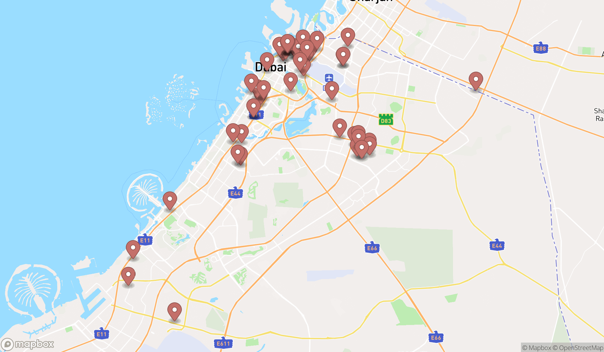 Map showing the search results in Dubai