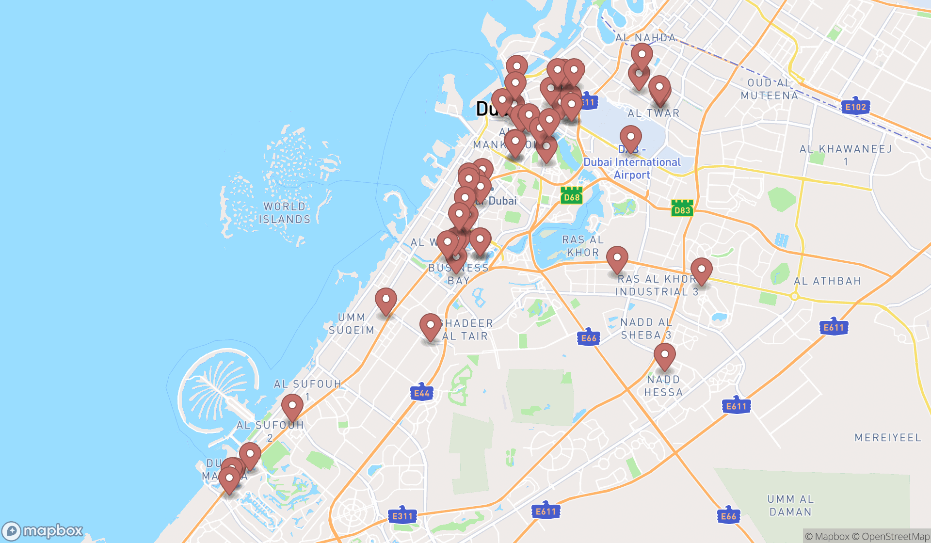 Map showing the search results in Dubai