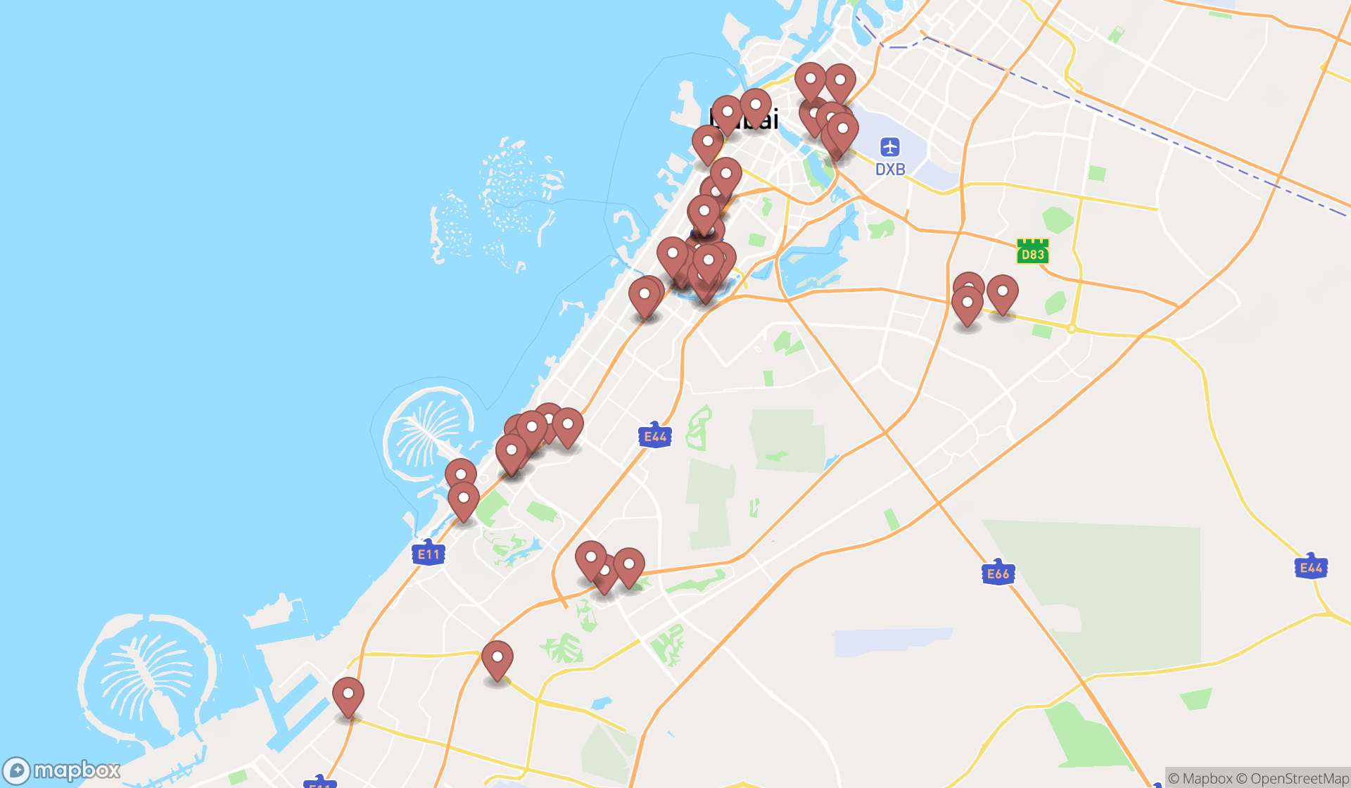 Map showing the search results in Dubai