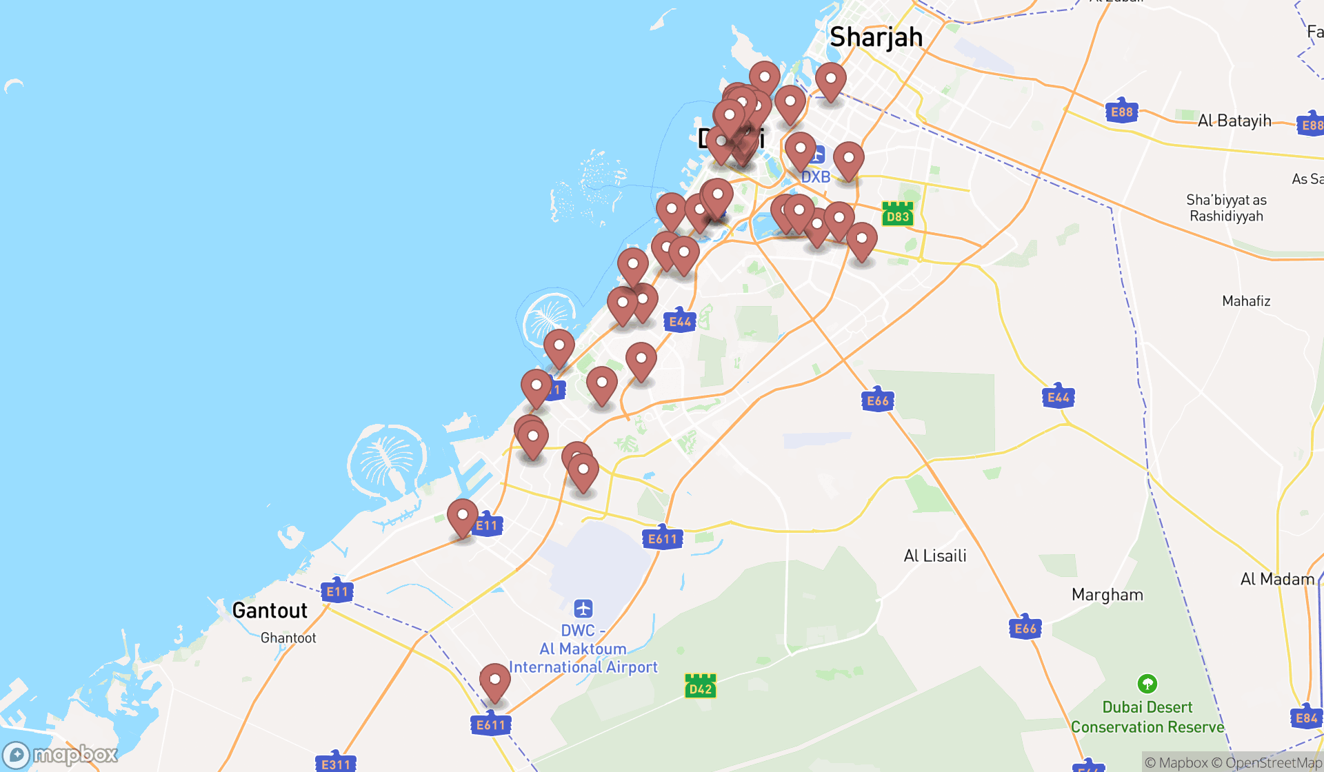 Map showing the search results in Dubai