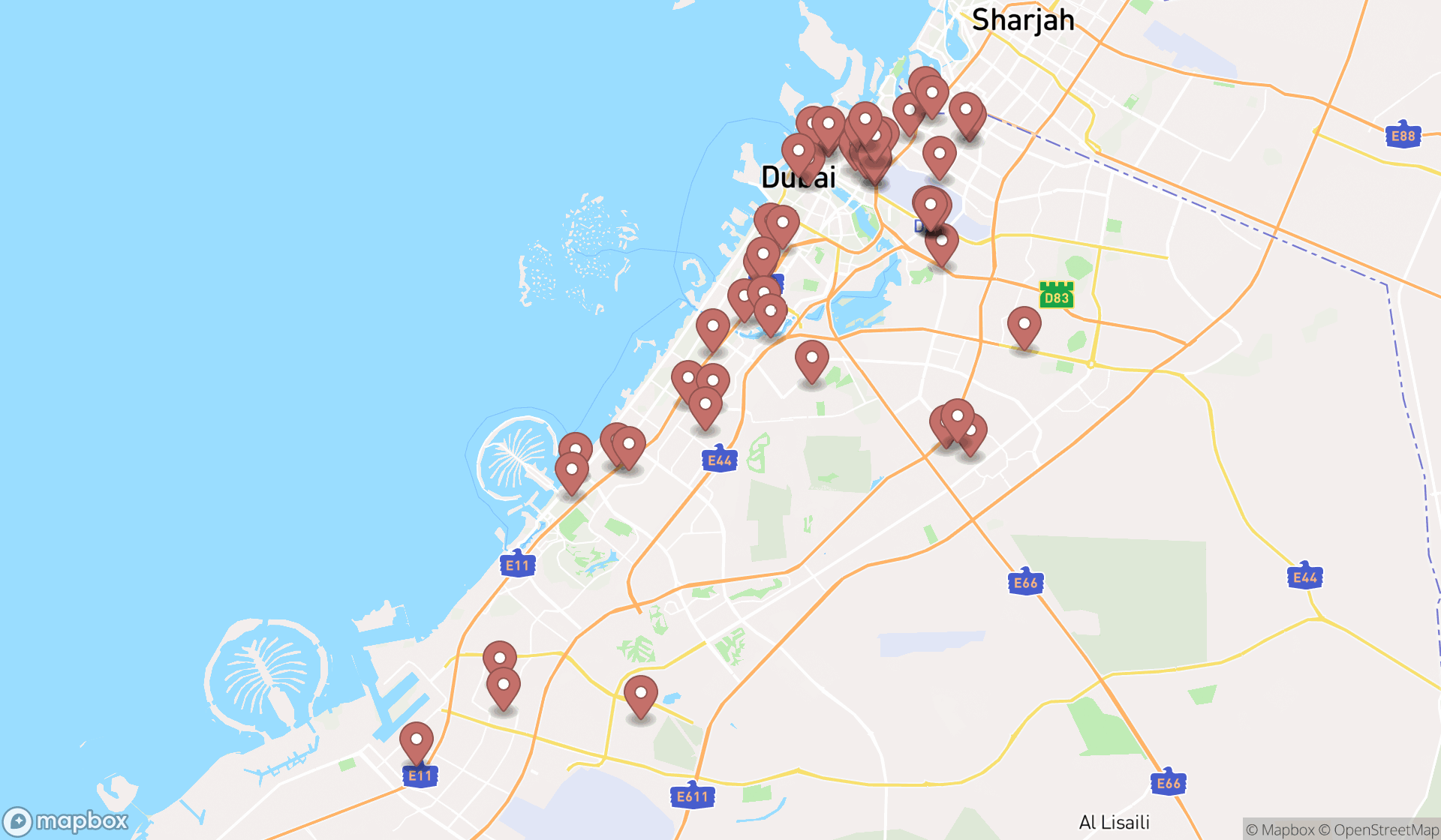 Map showing the search results in Dubai