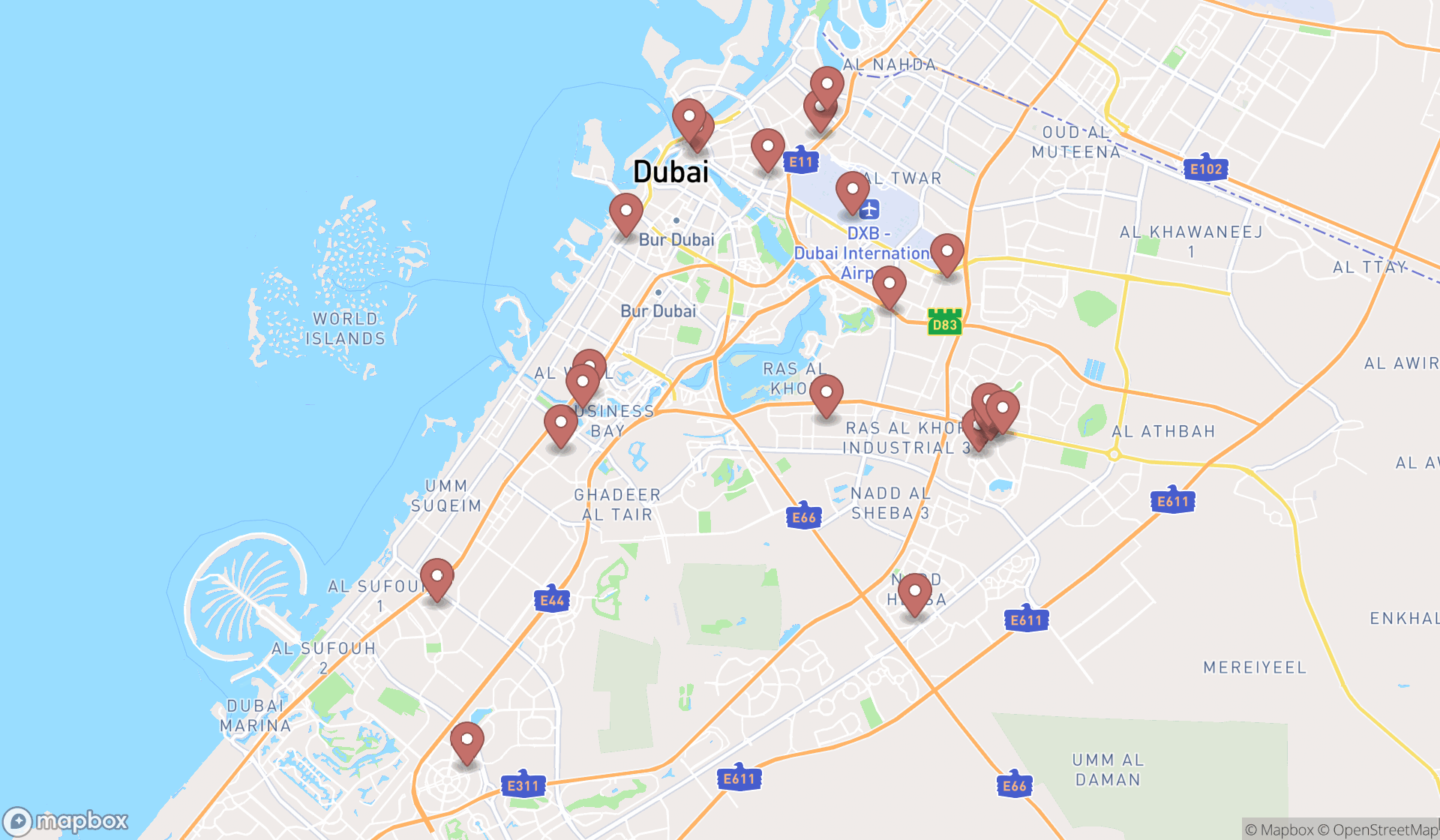 Map showing the search results in Dubai
