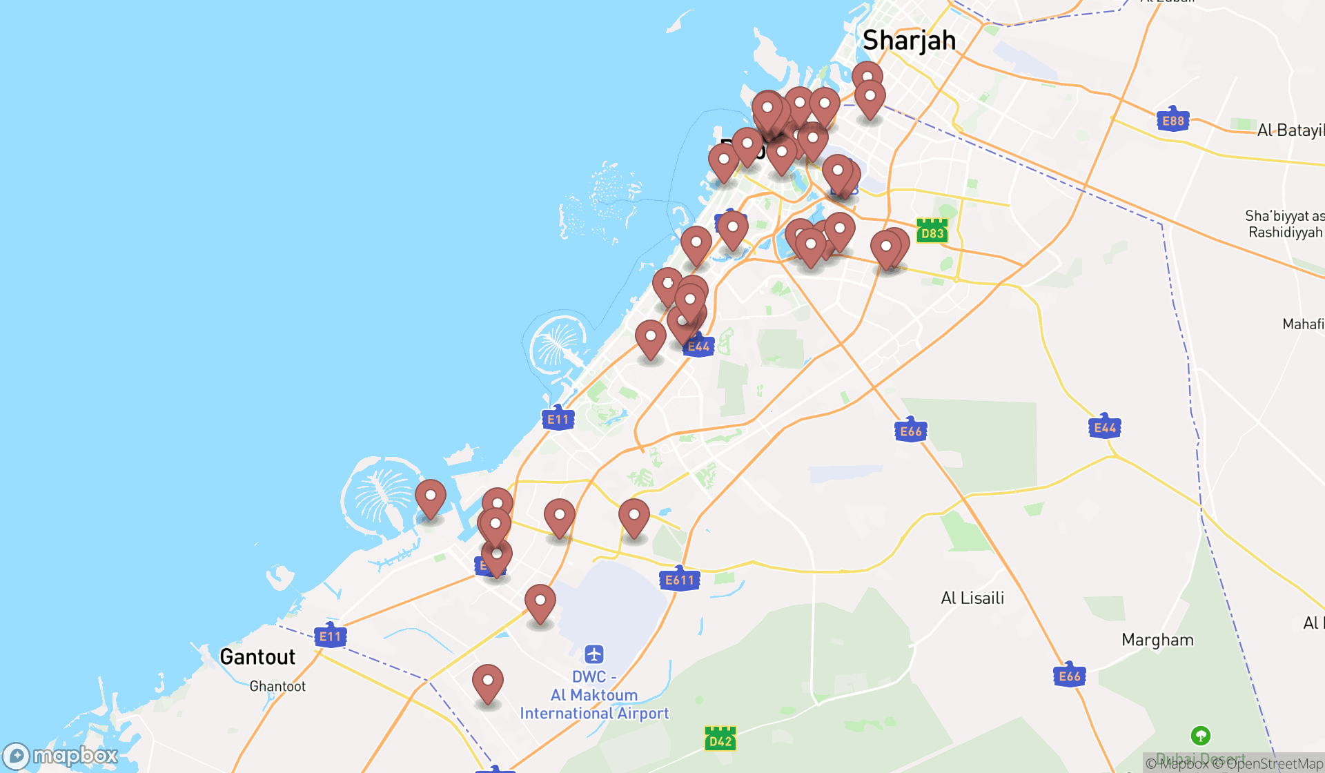 Map showing the search results in Dubai