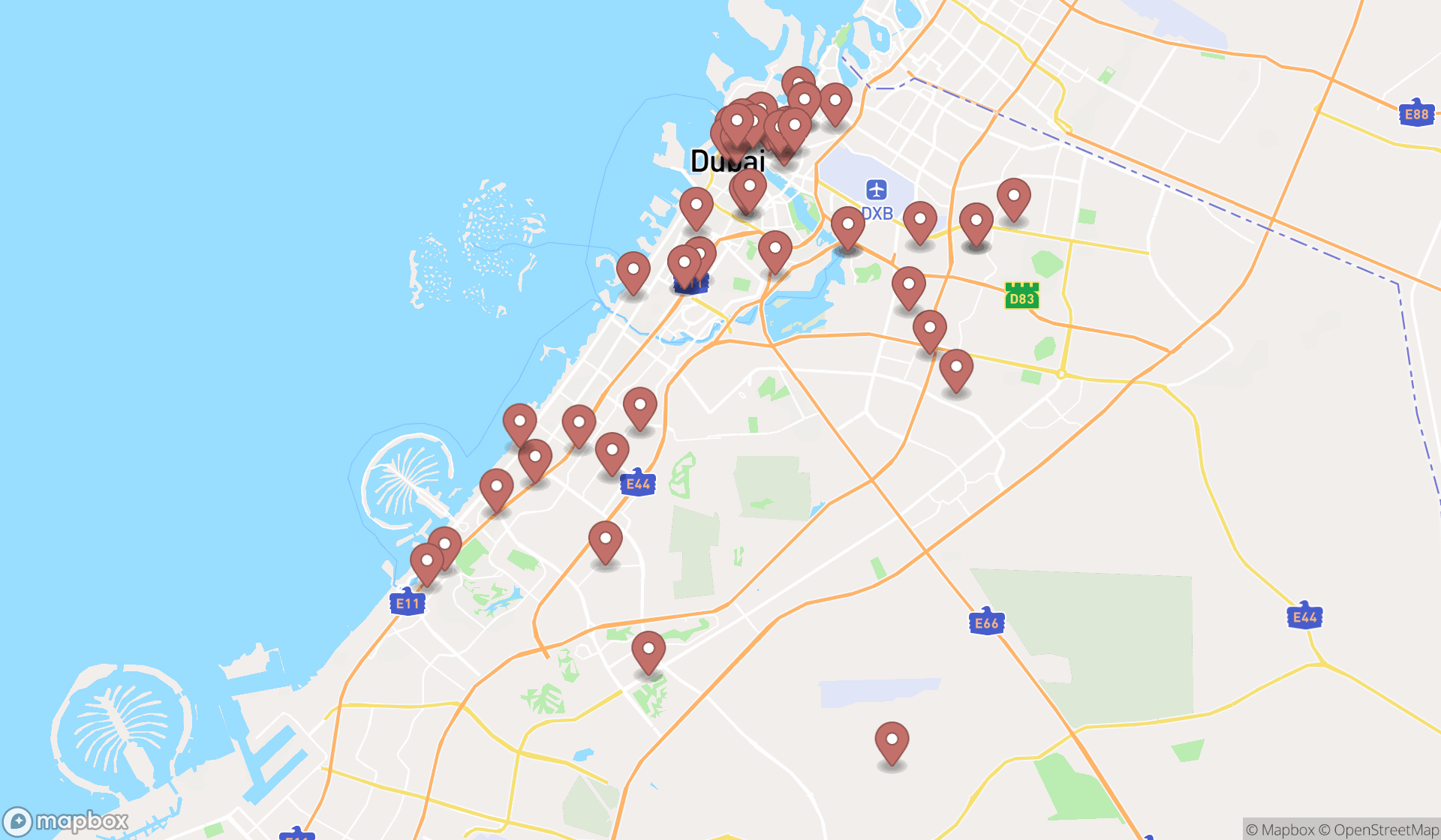 Map showing the search results in Dubai