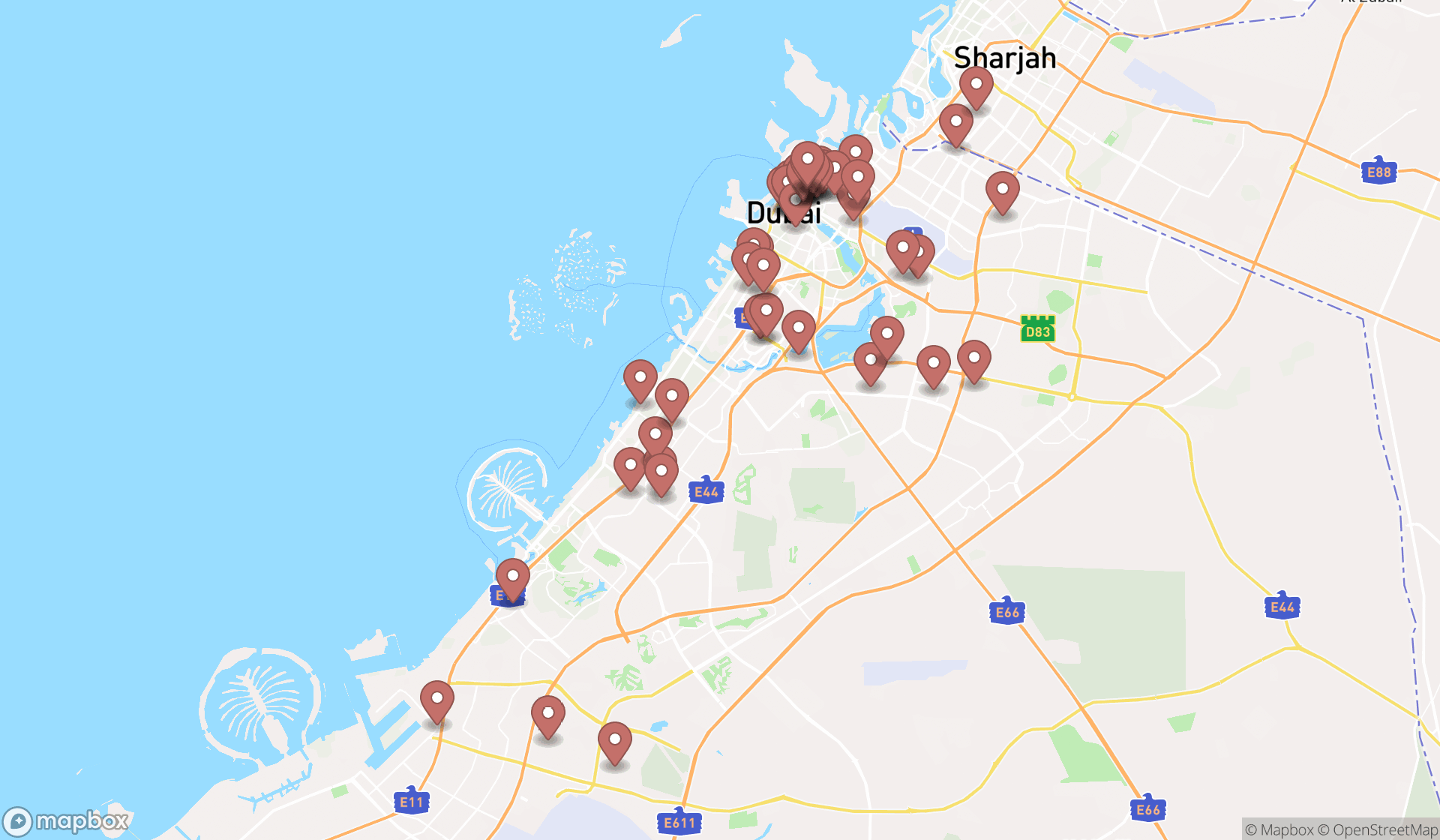 Map showing the search results in Dubai