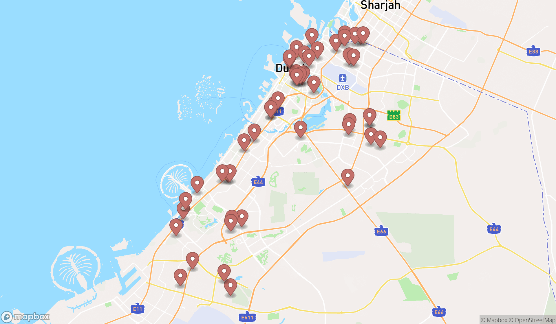 Map showing the search results in Dubai