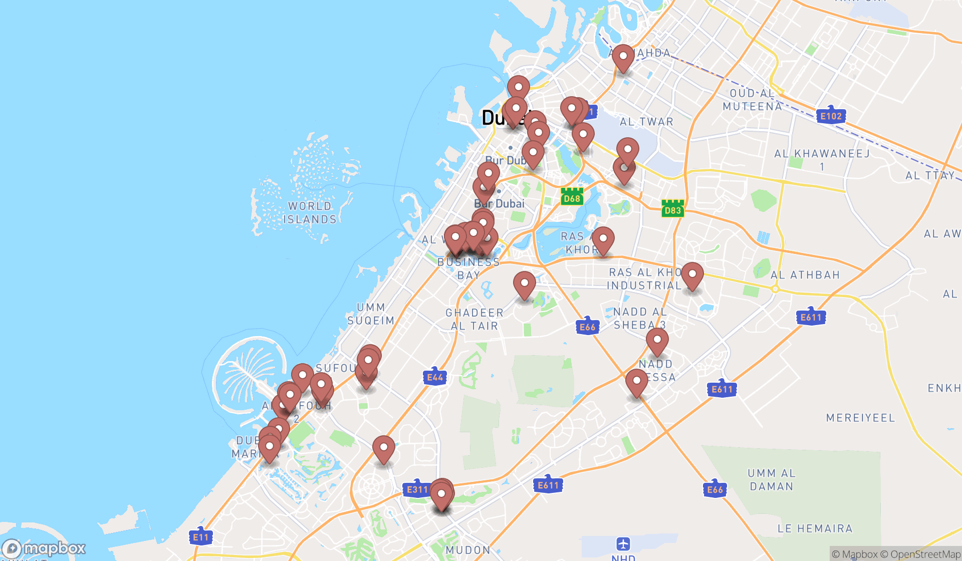 Map showing the search results in Dubai