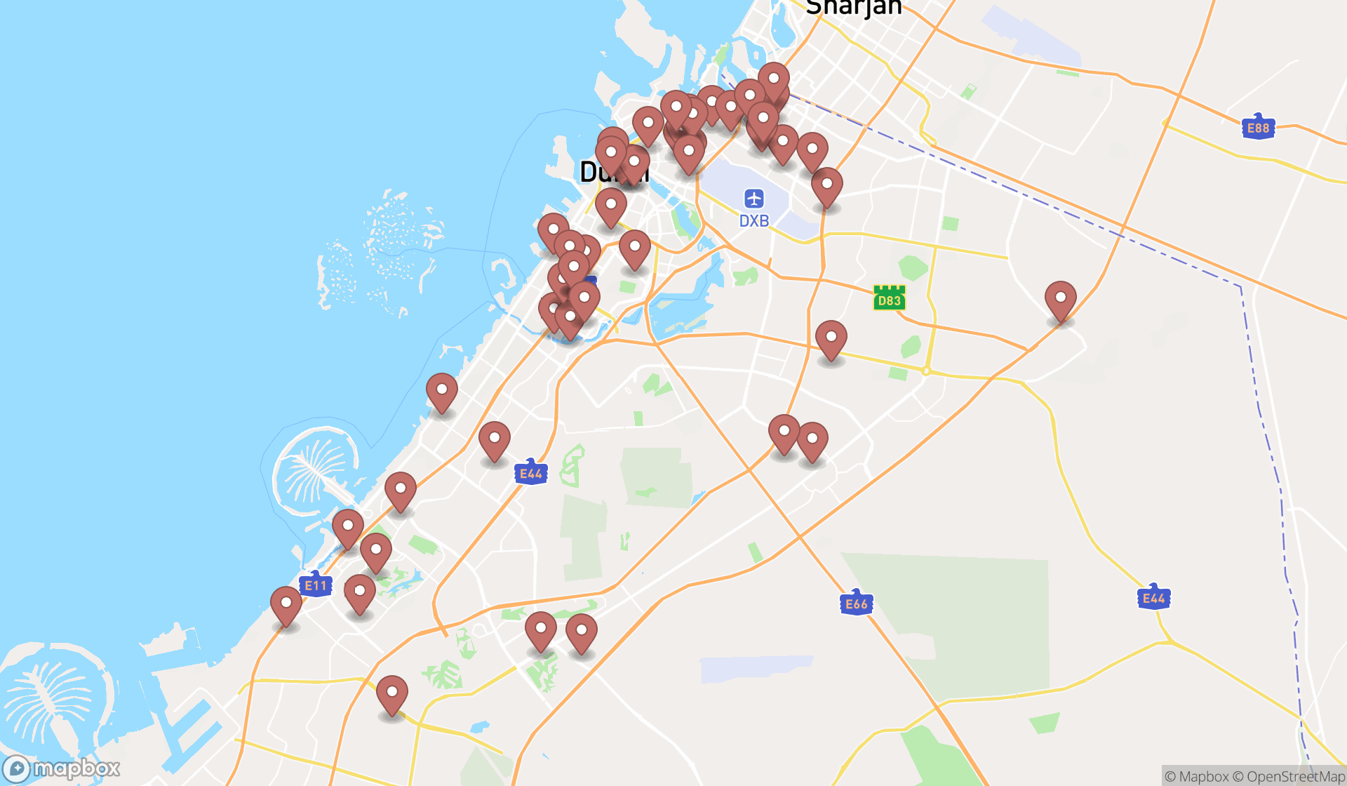 Map showing the search results in Dubai