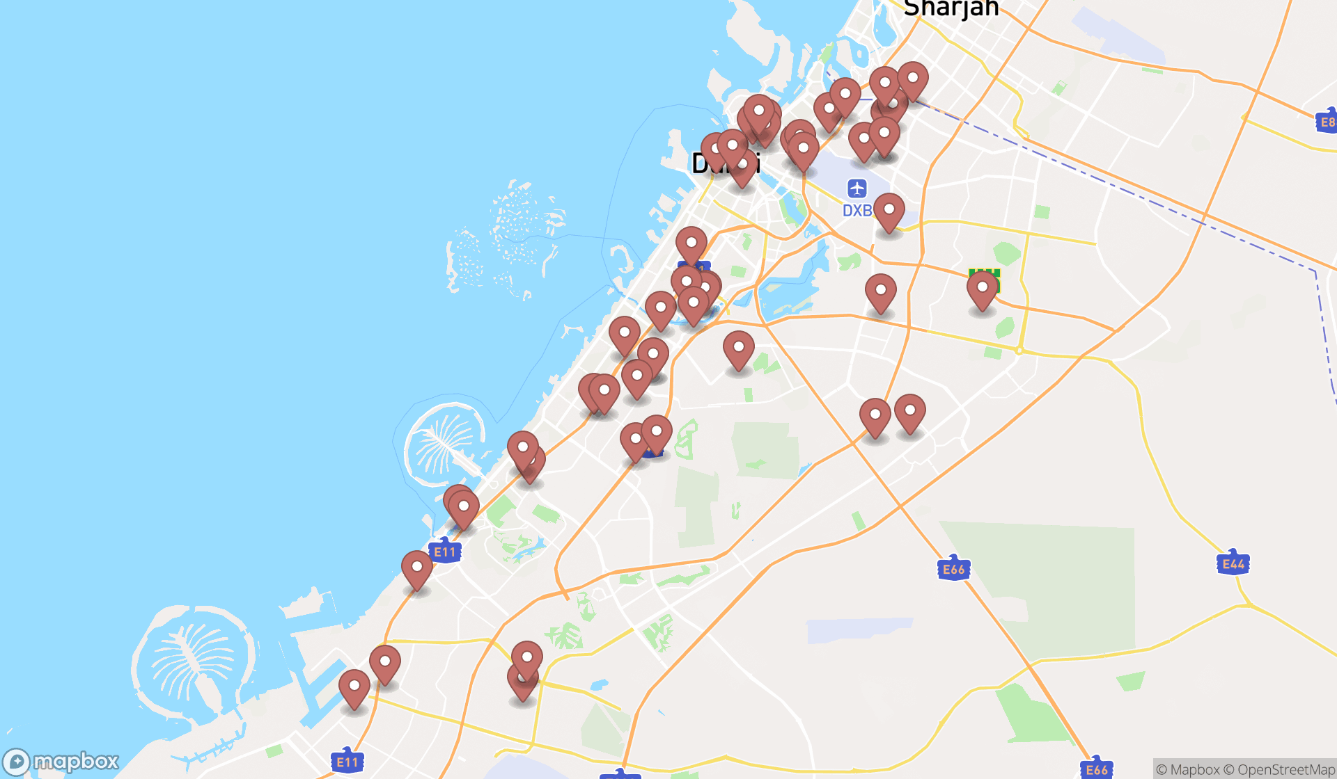 Map showing the search results in Dubai