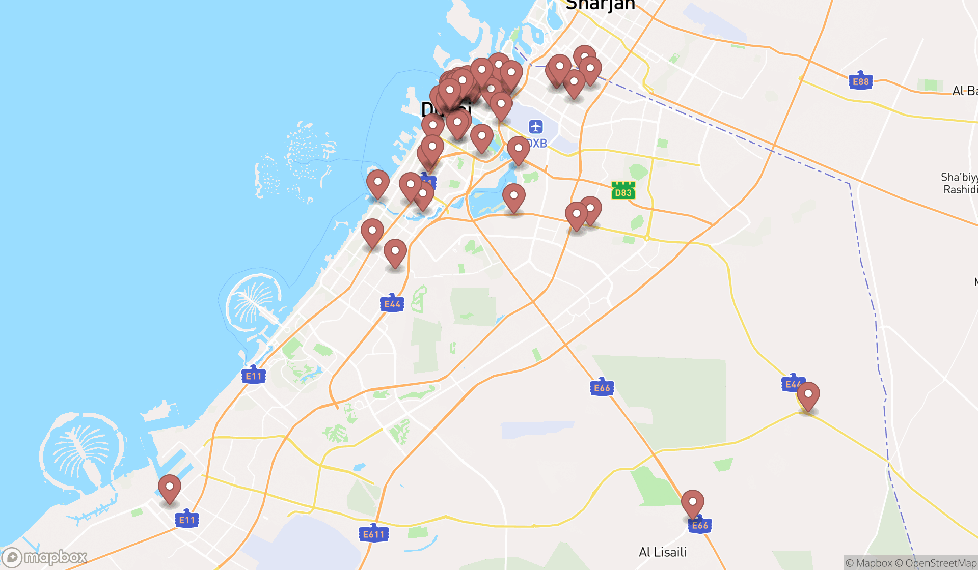 Map showing the search results in Dubai