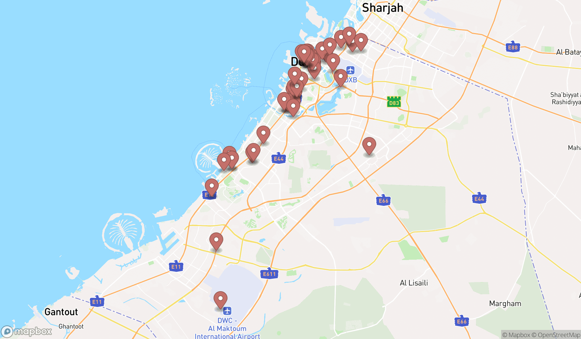 Map showing the search results in Dubai
