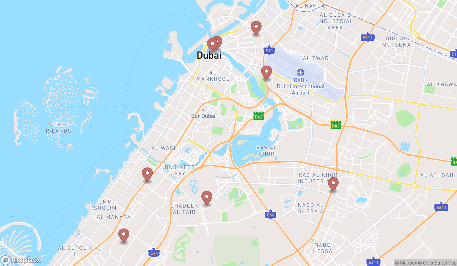 Map showing the search results in Dubai