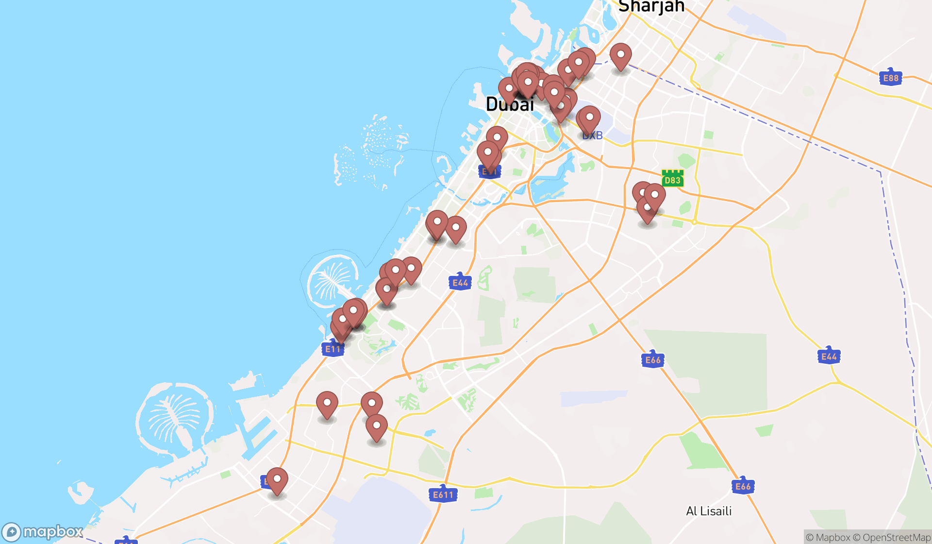 Map showing the search results in Dubai