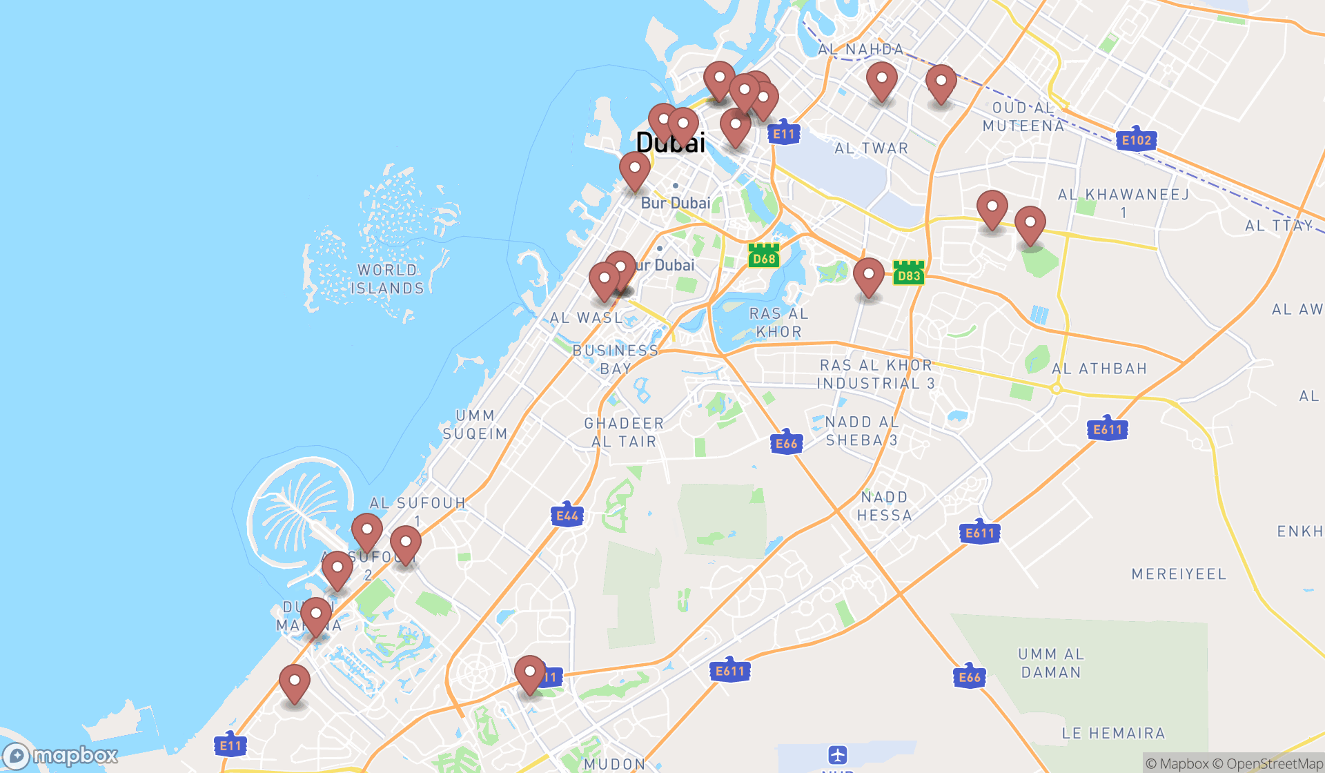 Map showing the search results in Dubai