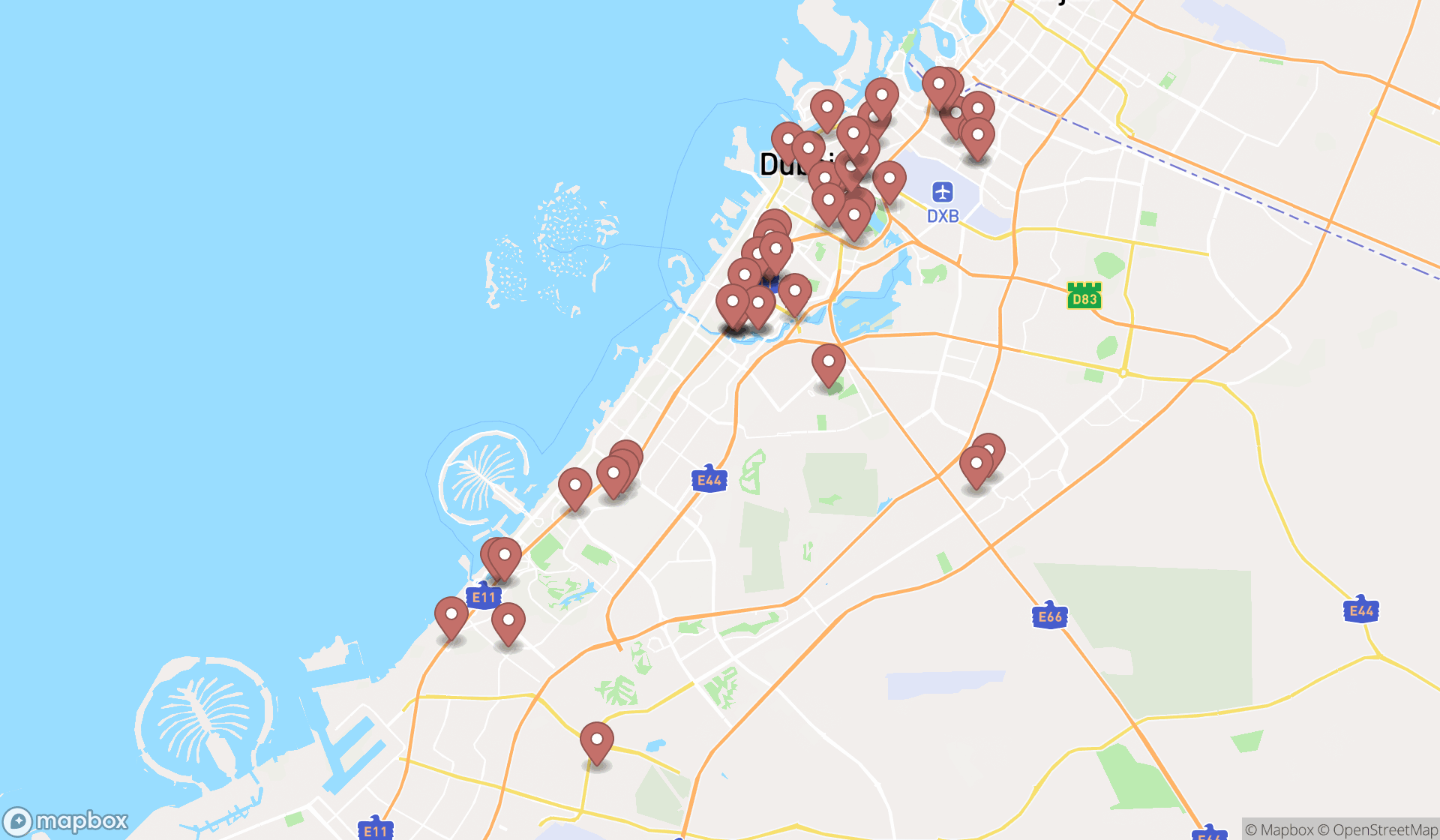 Map showing the search results in Dubai