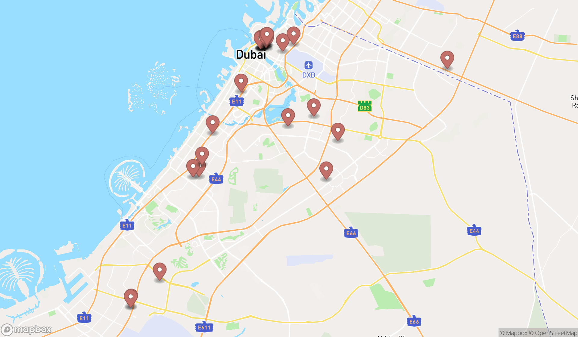 Map showing the search results in Dubai