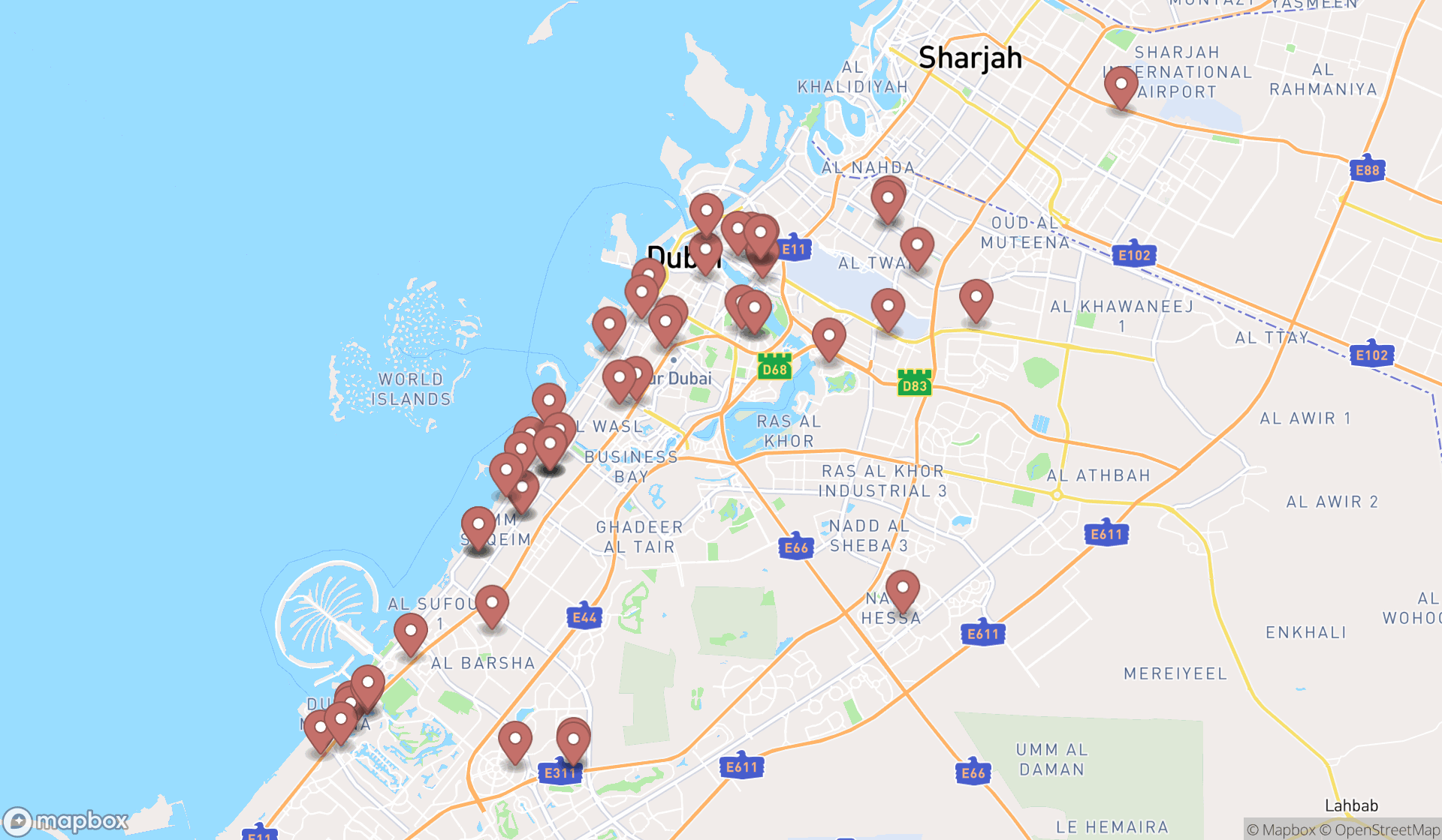 Map showing the search results in Dubai