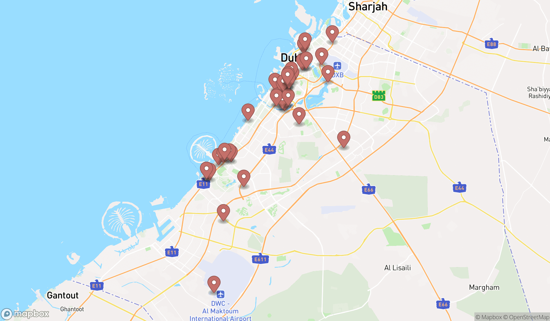 Map showing the search results in Dubai