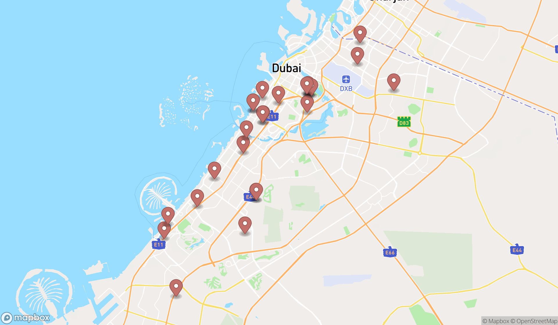 Map showing the search results in Dubai