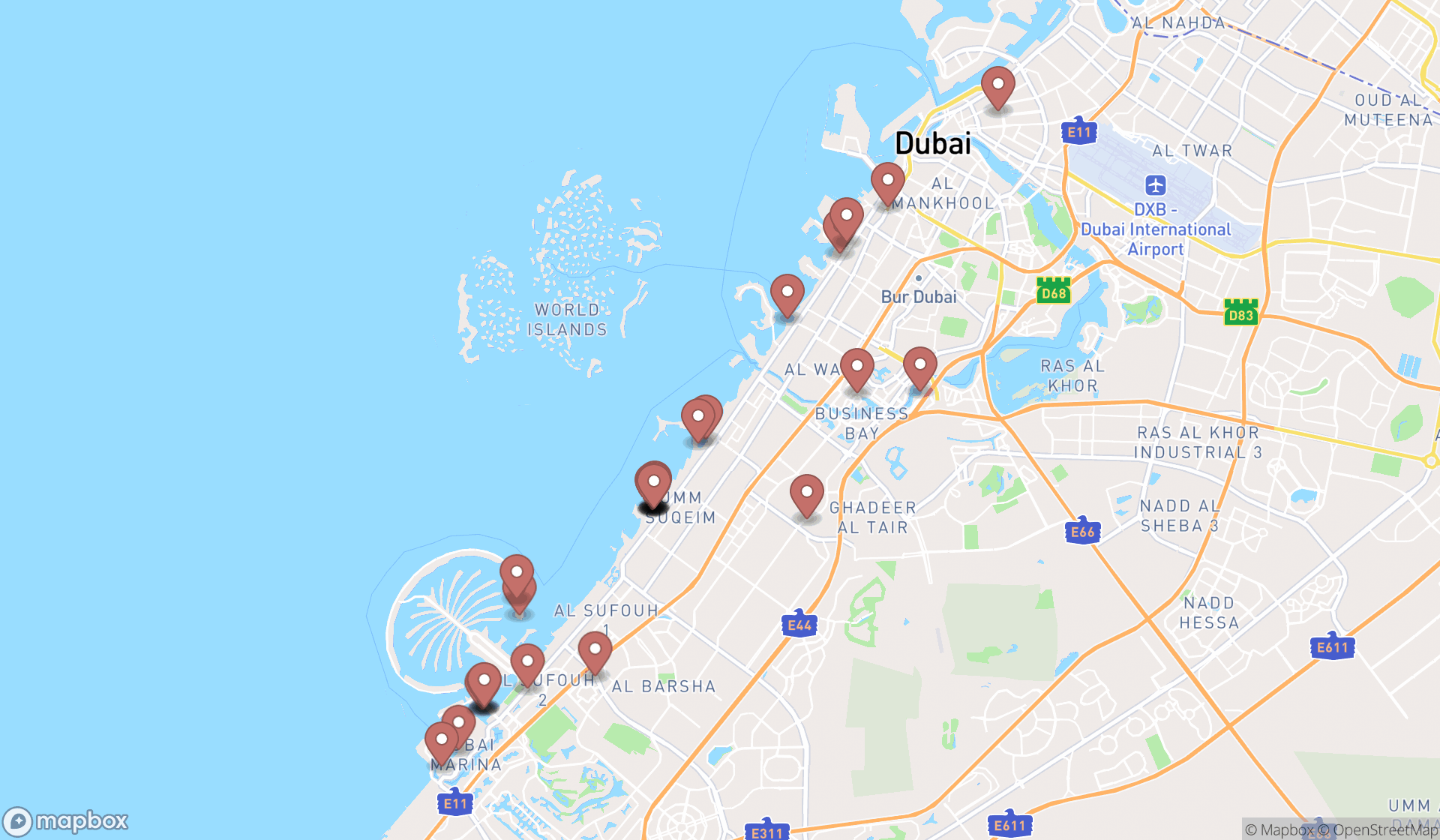 Map showing the search results in Dubai