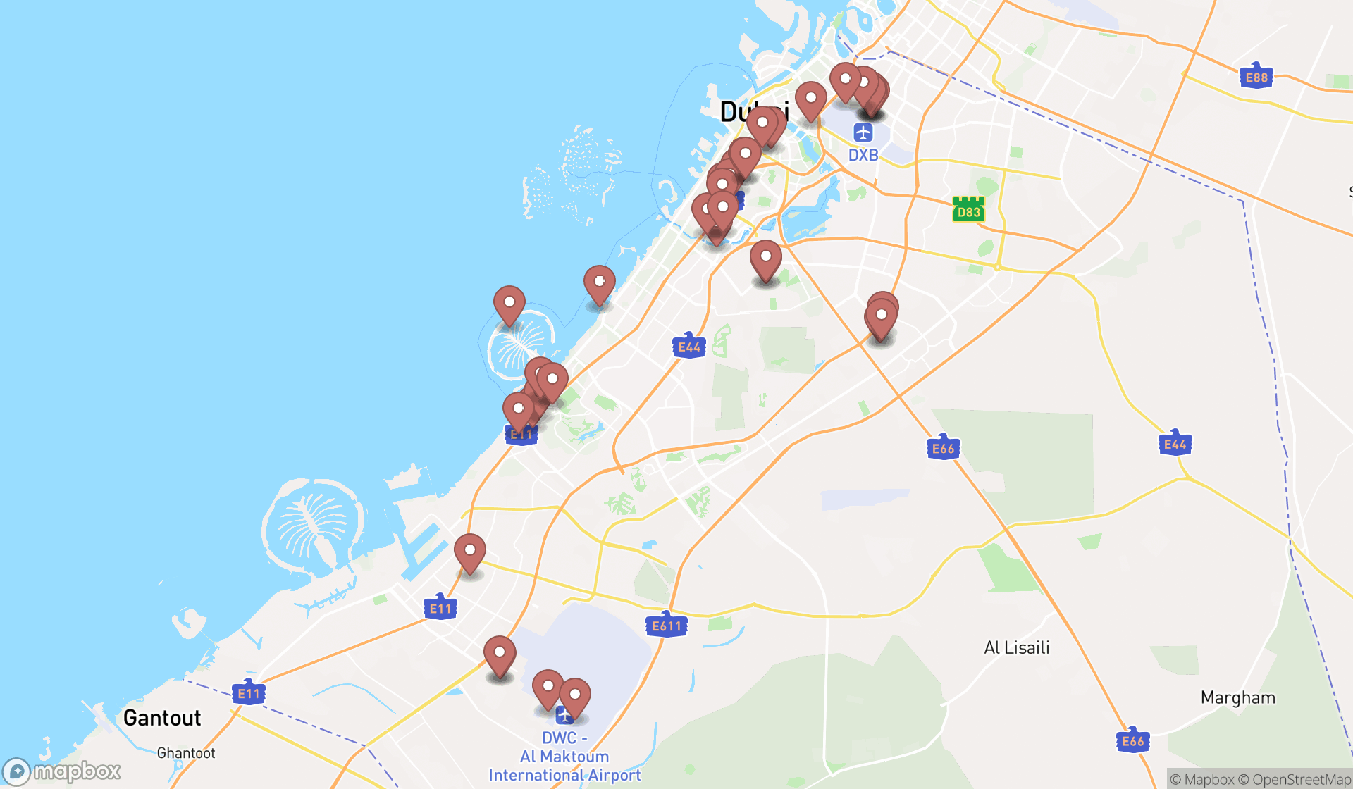 Map showing the search results in Dubai