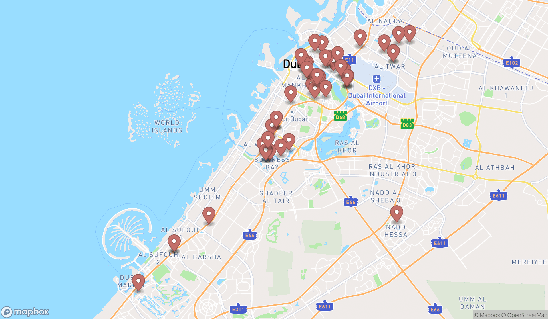 Map showing the search results in Dubai