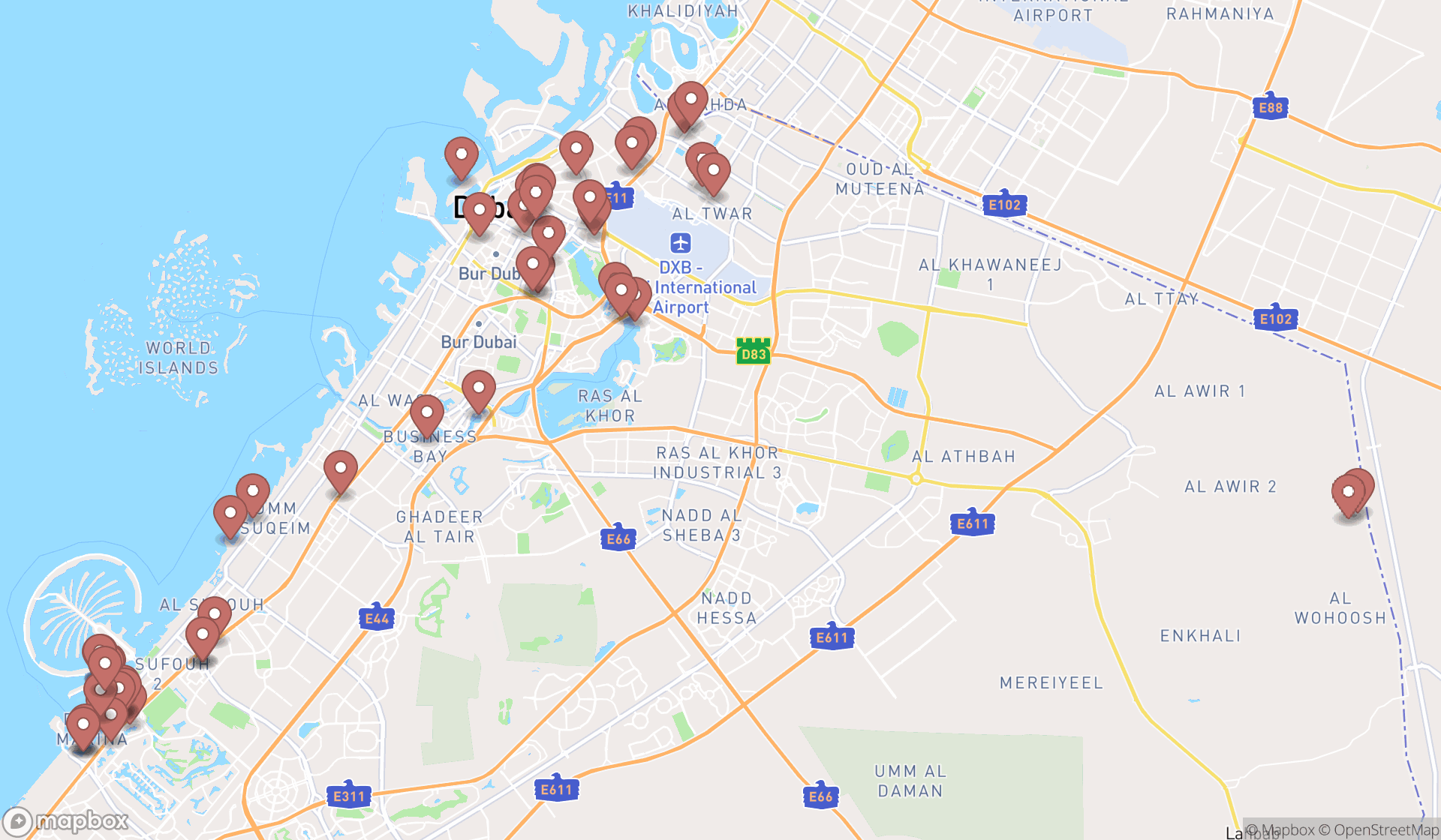 Map showing the search results in Dubai