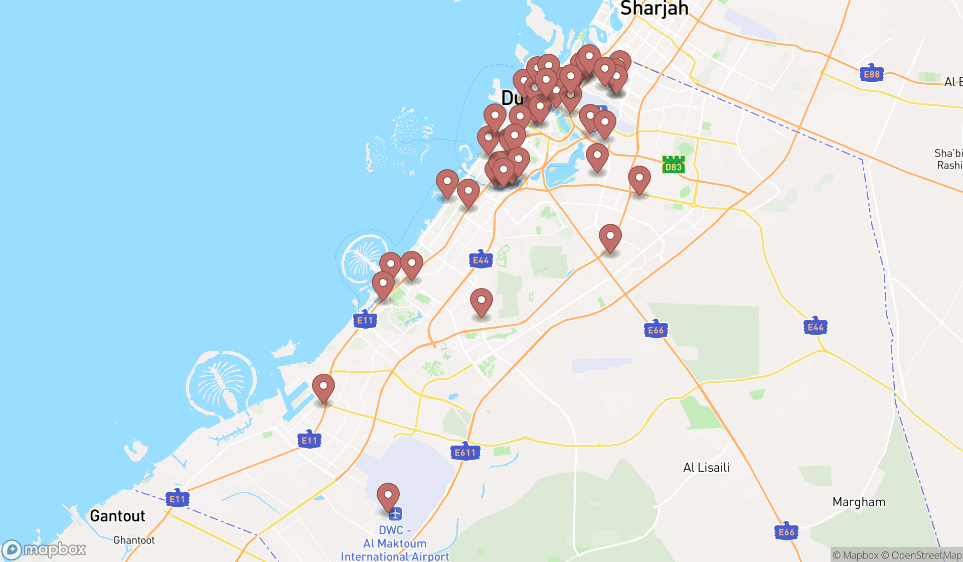 Map showing the search results in Dubai