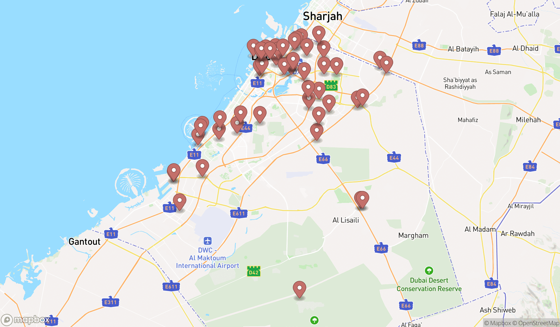 Map showing the search results in Dubai