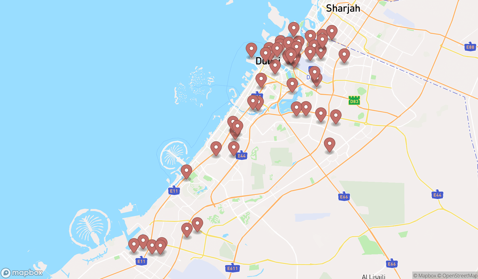 Map showing the search results in Dubai